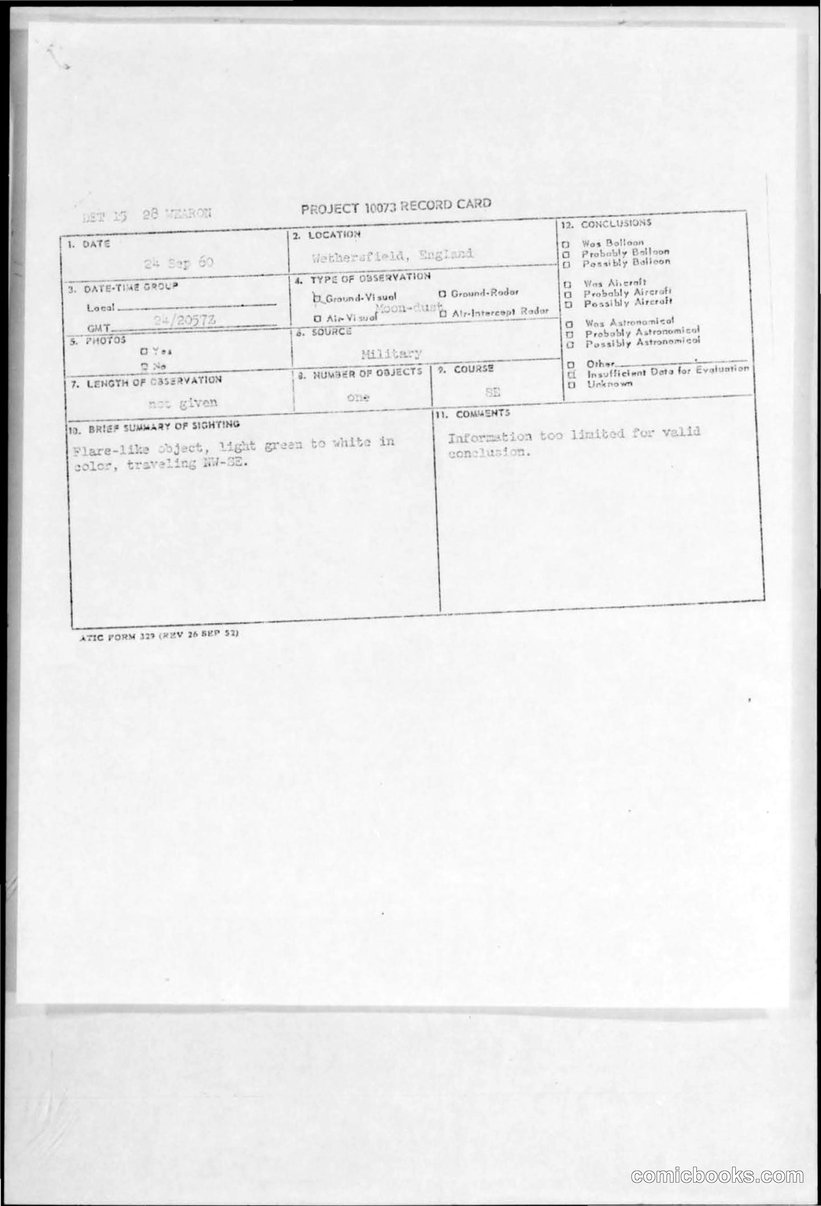 Project 1013 Record Card