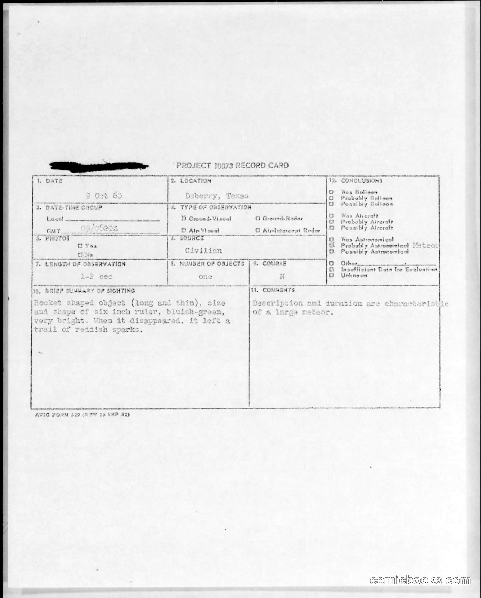 Project 1973 Record Card - UFO Sighting Report