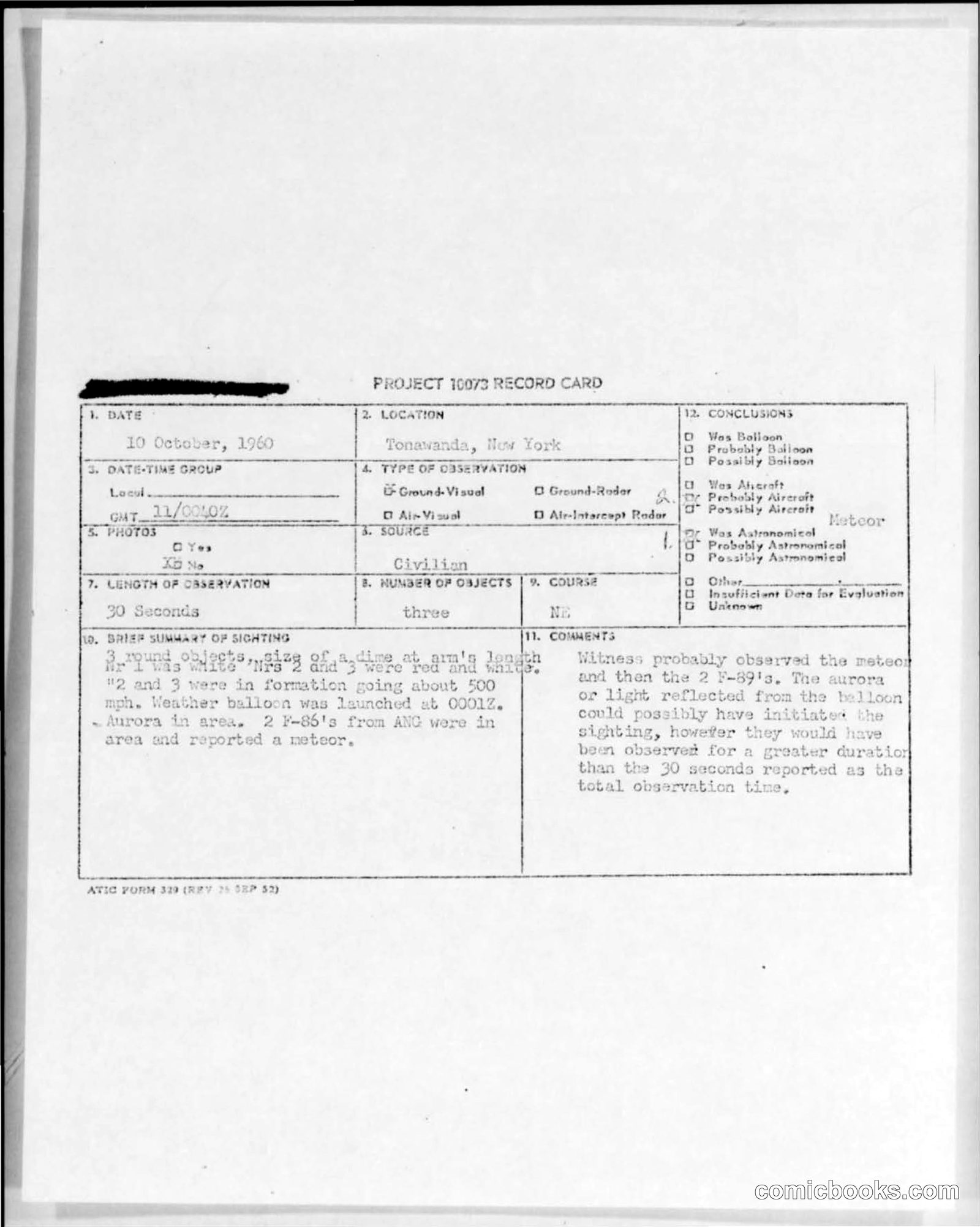Project 1003 Record Card