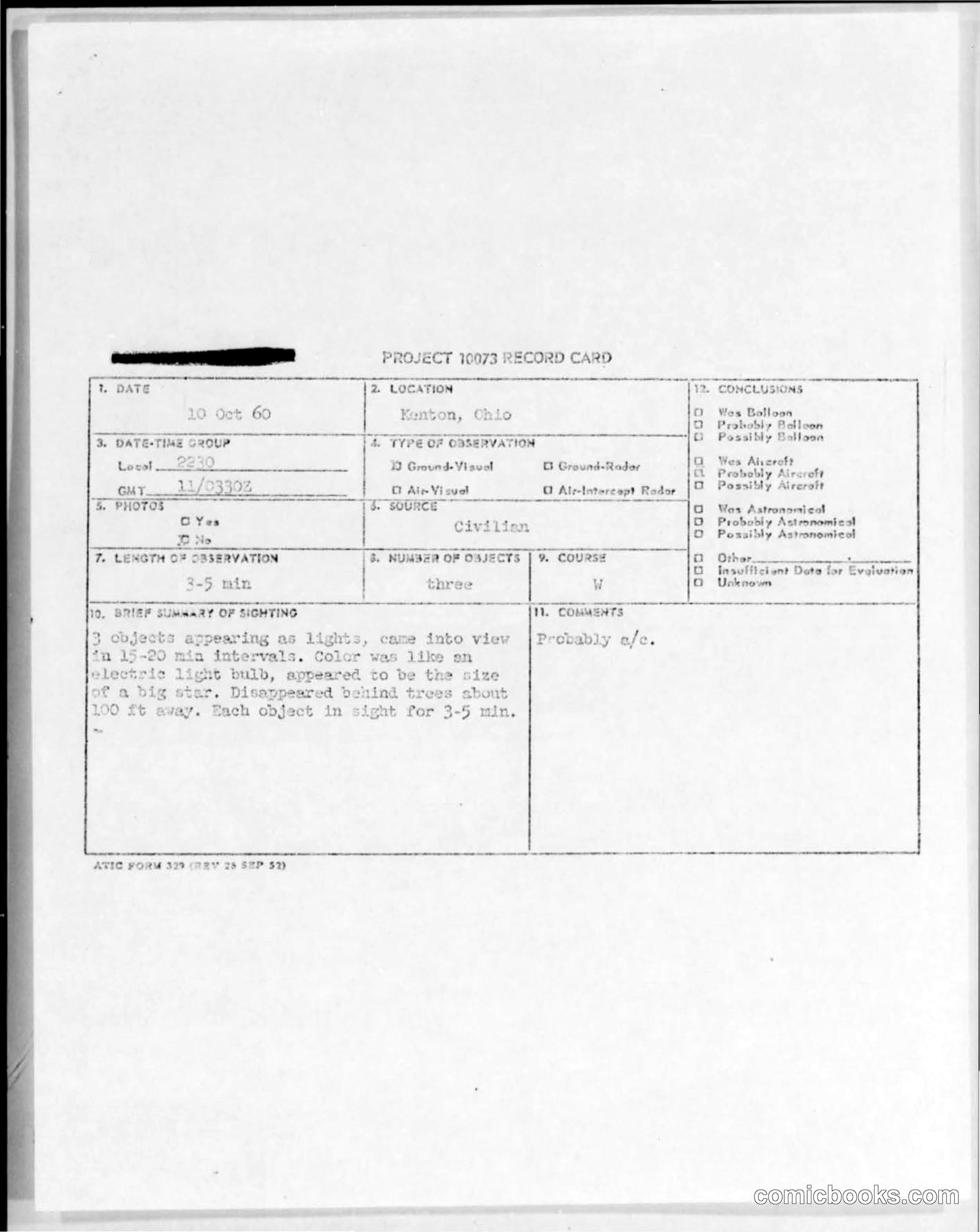 Project 1960 Record Card