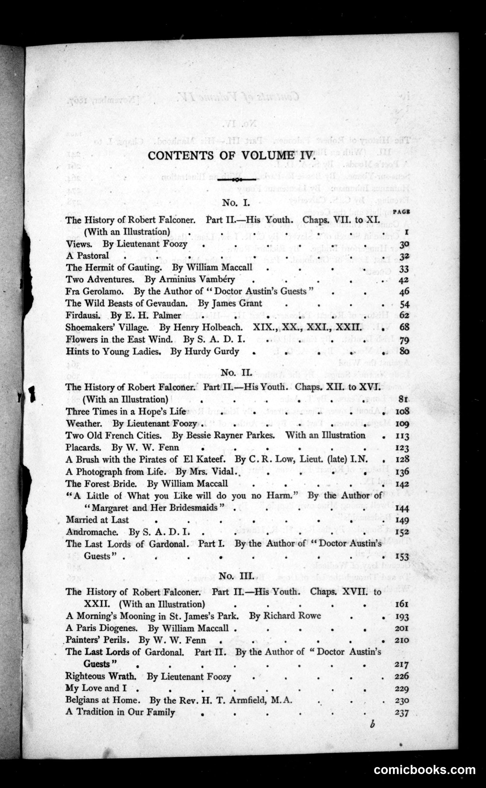 The Argosy, Volume IV — Table of Contents