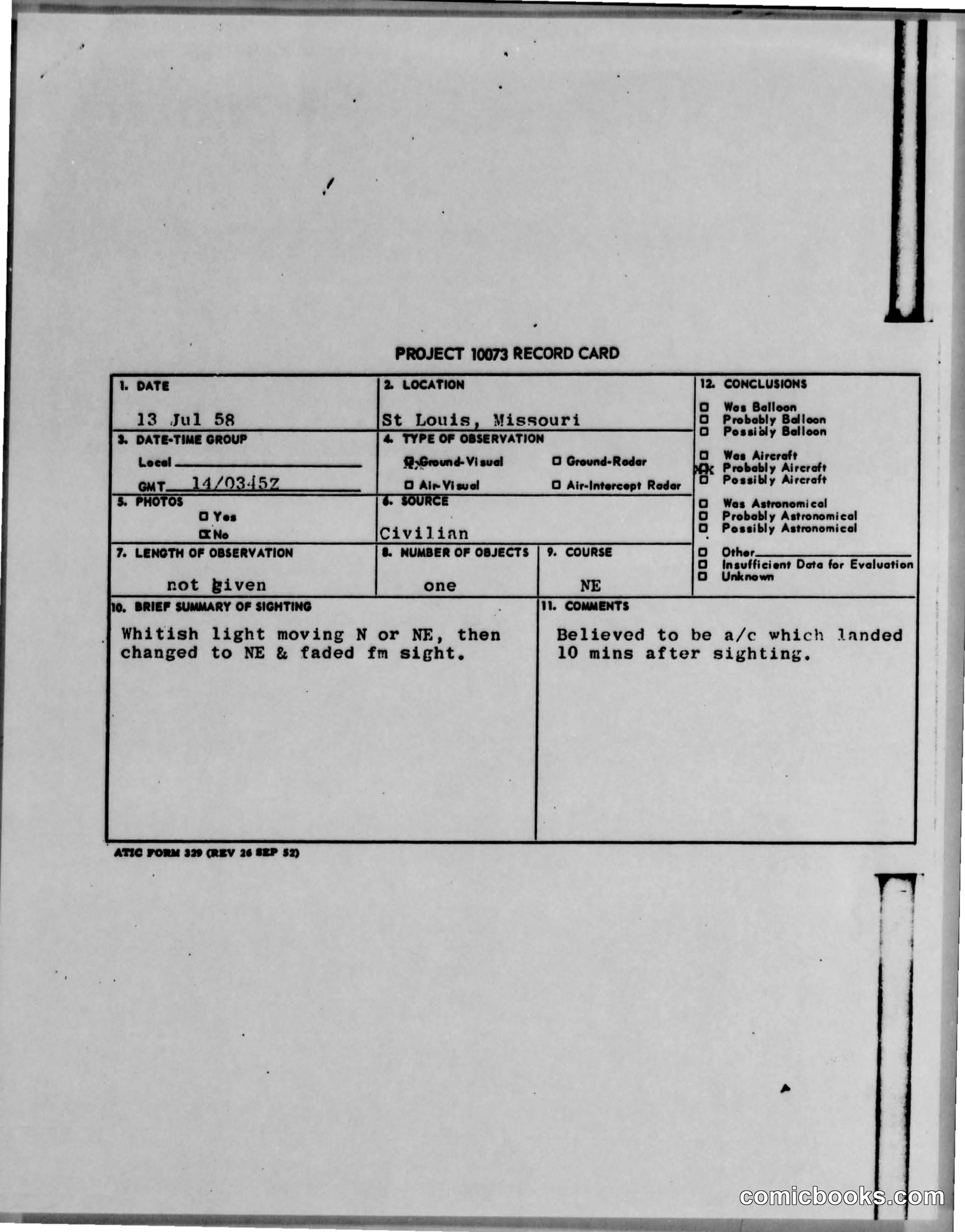 Project 10073 UFO Sighting Report