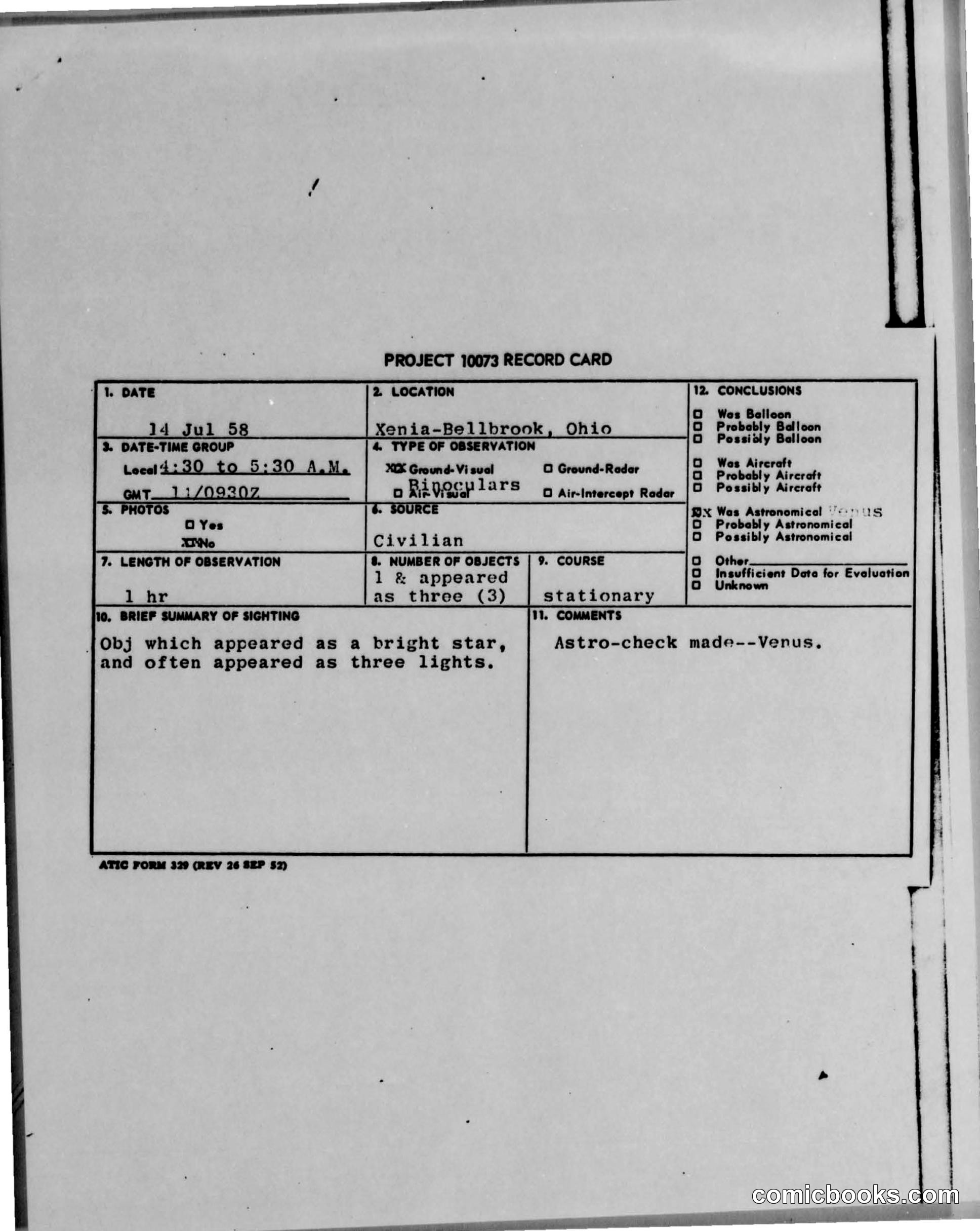 UFO Sighting Report, July 1958