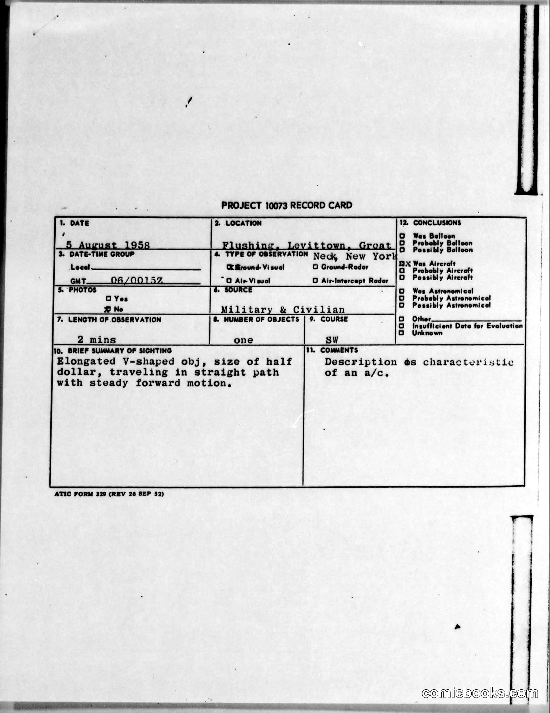 Project 10073 Record Card - UFO Sighting Report