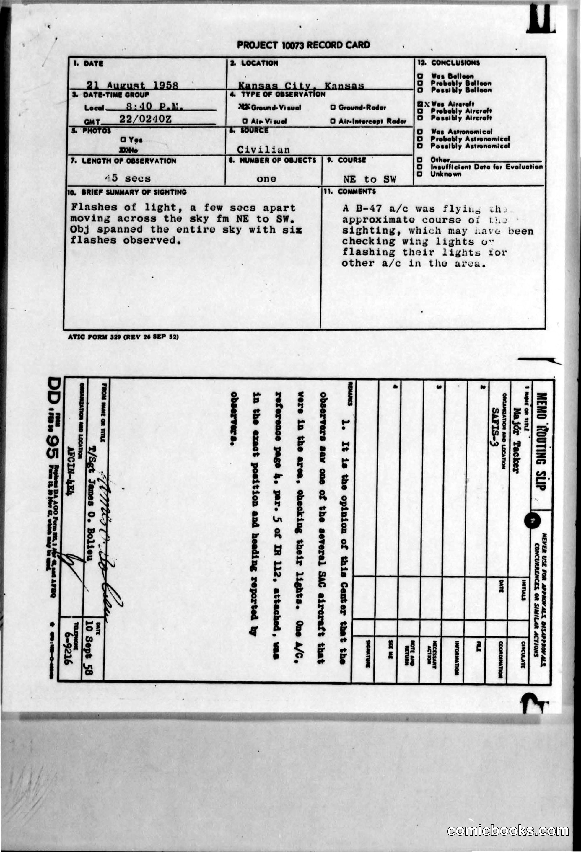 Project 1013 Record Card