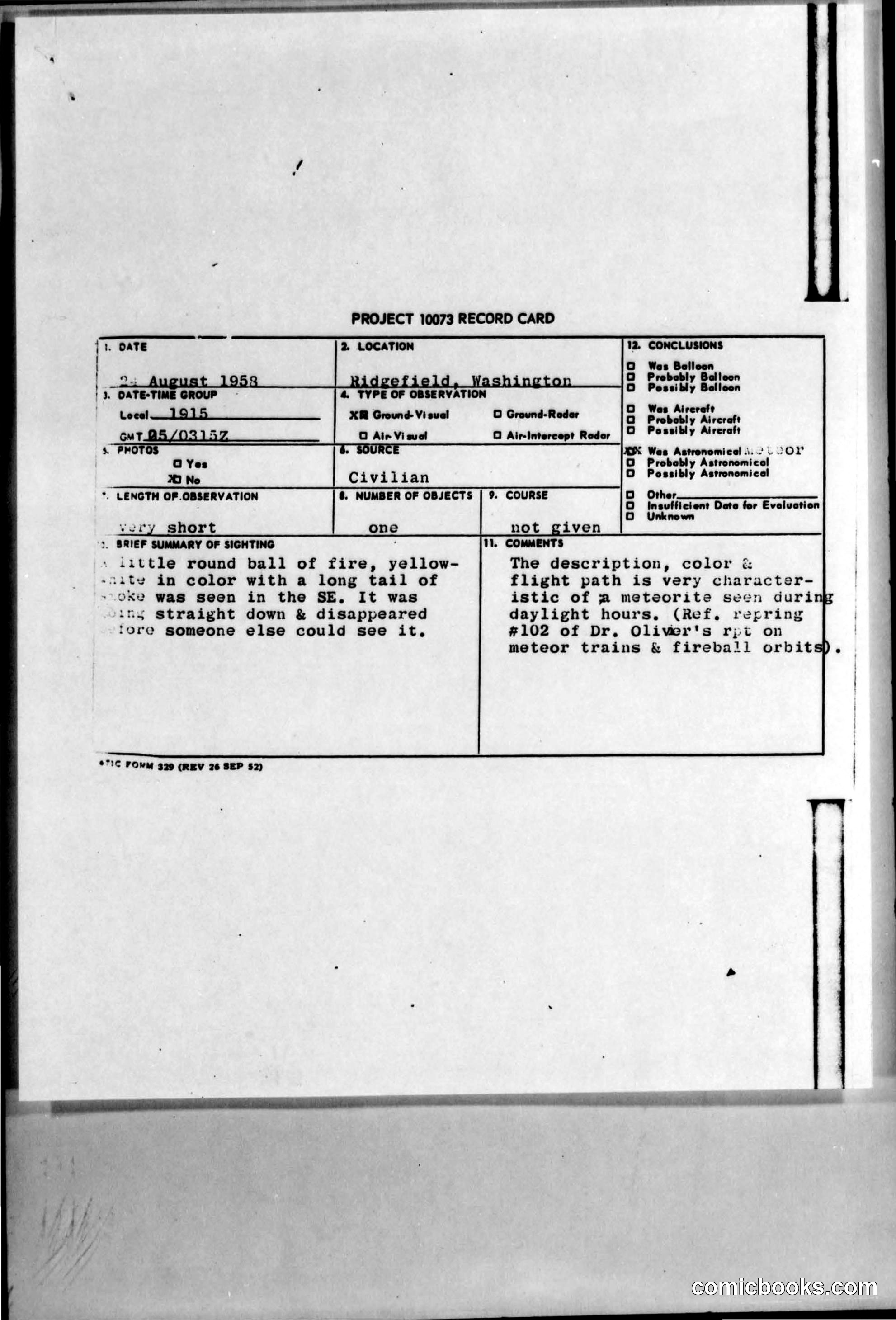 Project 10073 UFO Sighting Report