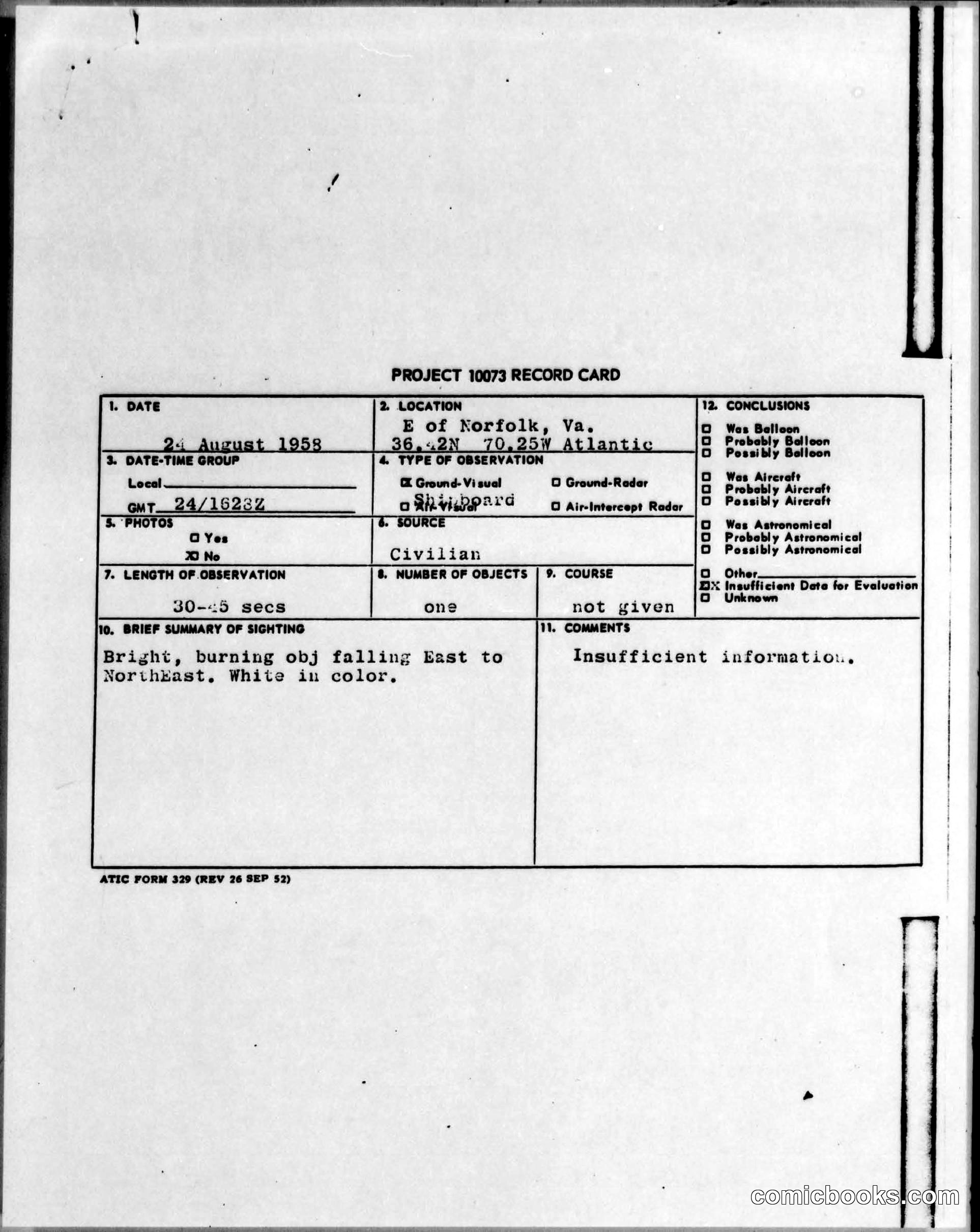 Project 10073 Record Card