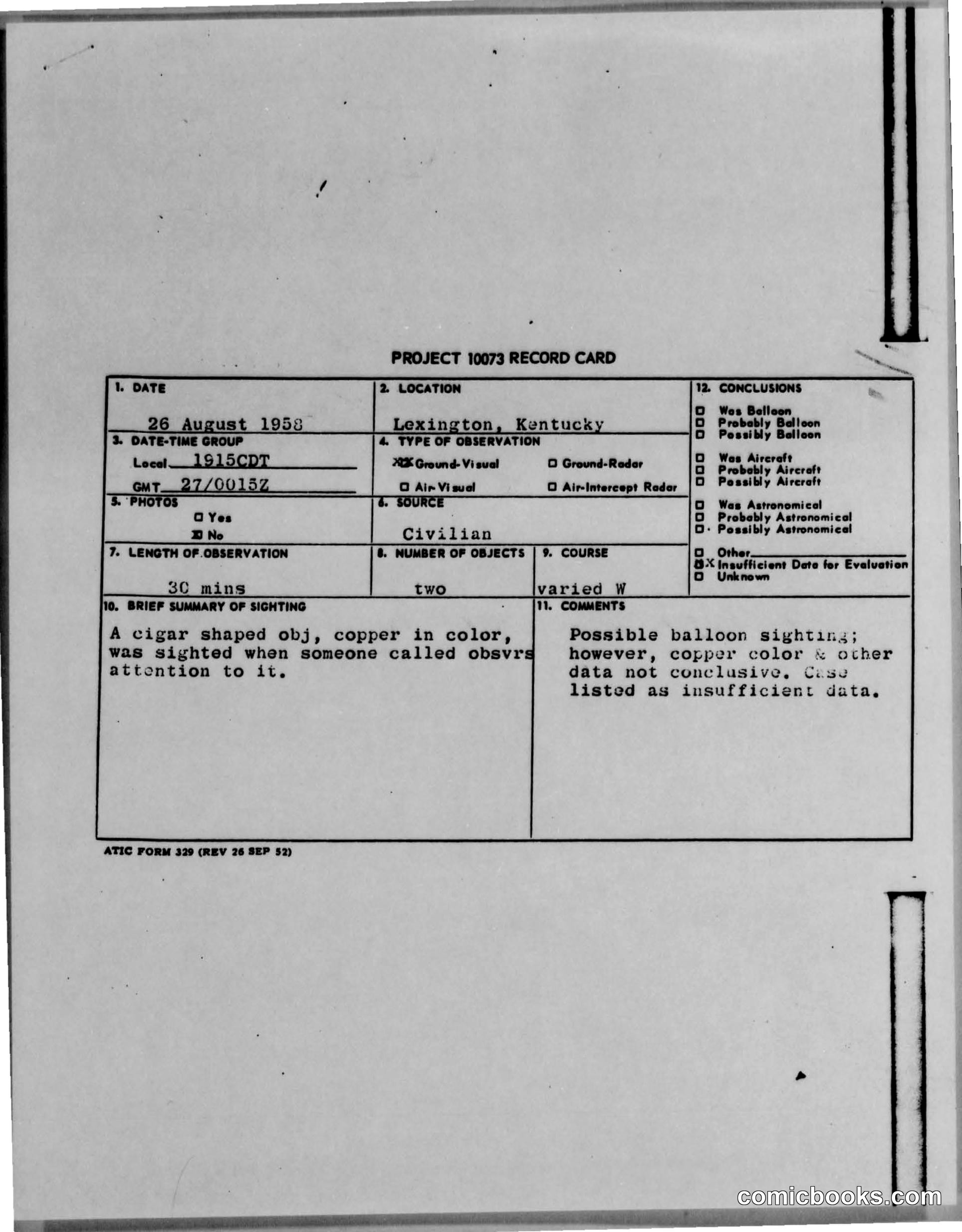 Project 1073 UFO Sighting Report