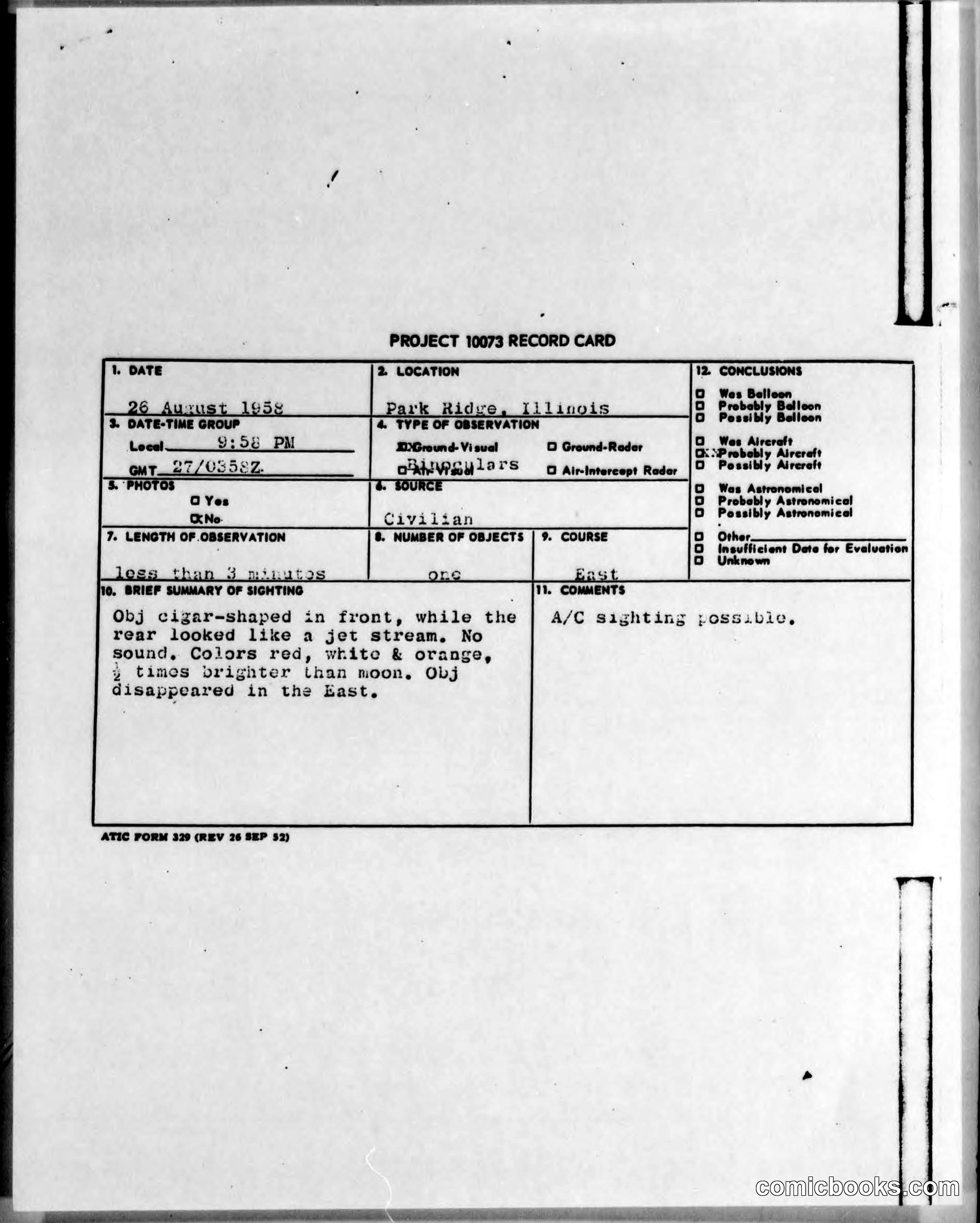 Project 10073 UFO Sighting Report