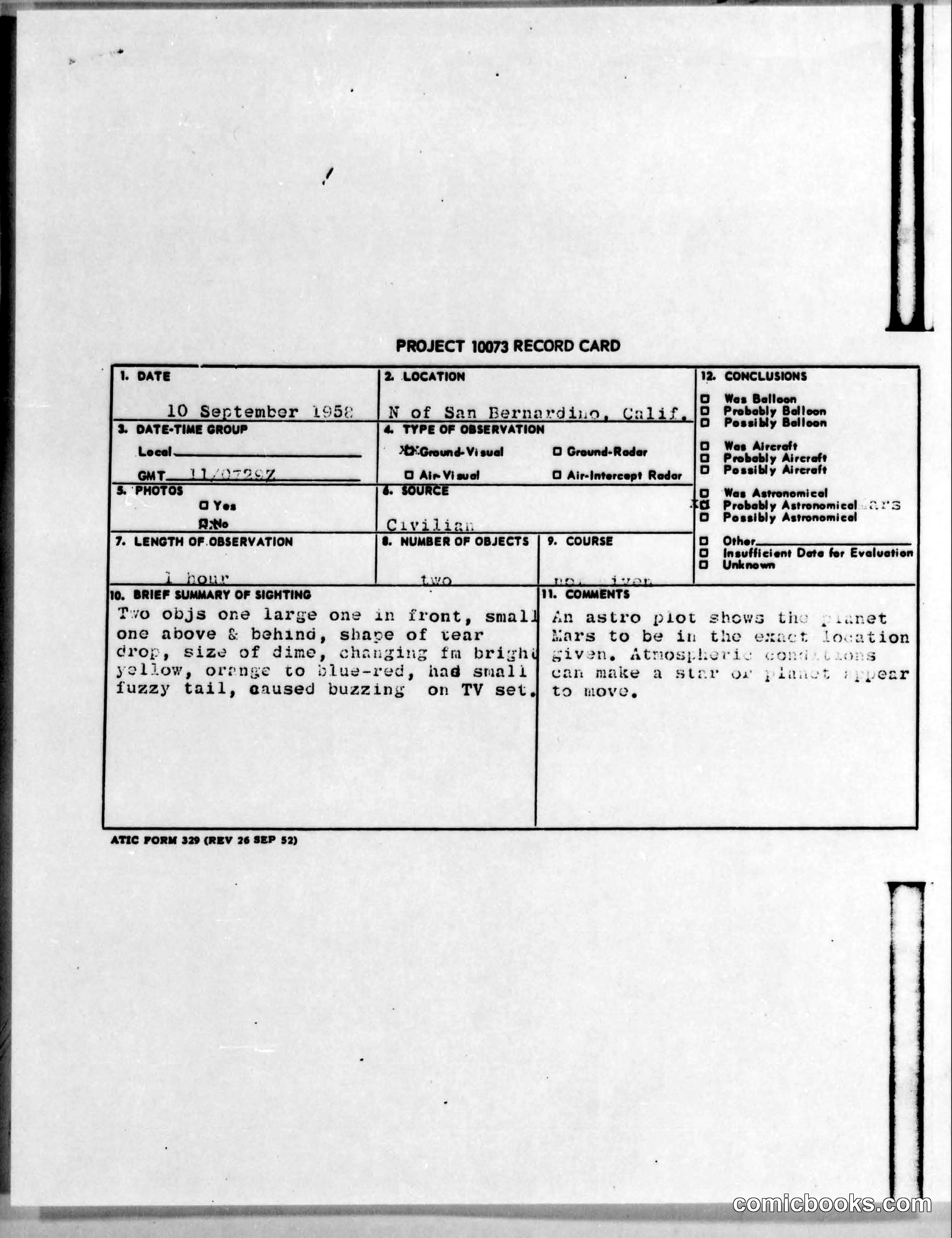 Project 10073 Record Card