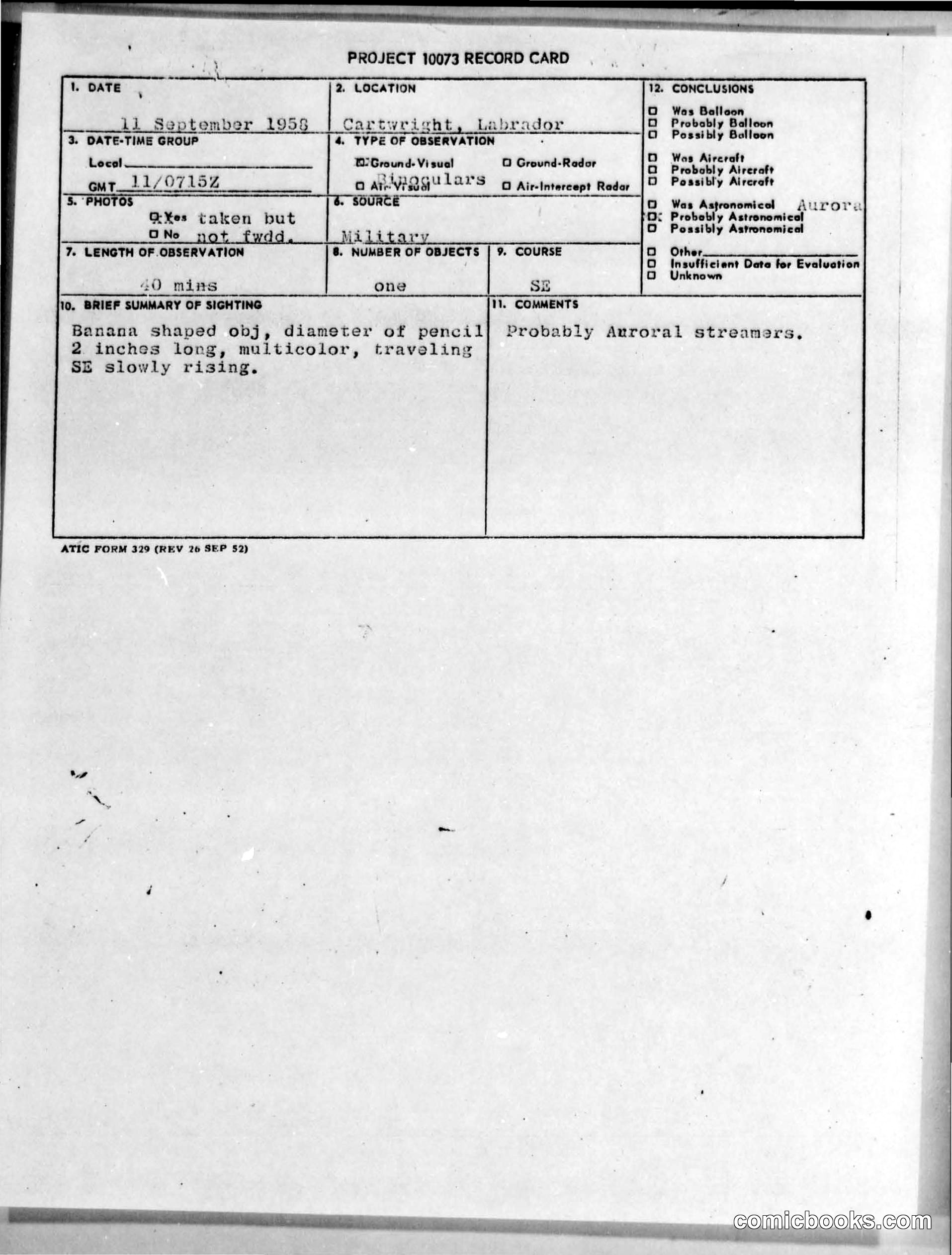 Project 1073 Record Card