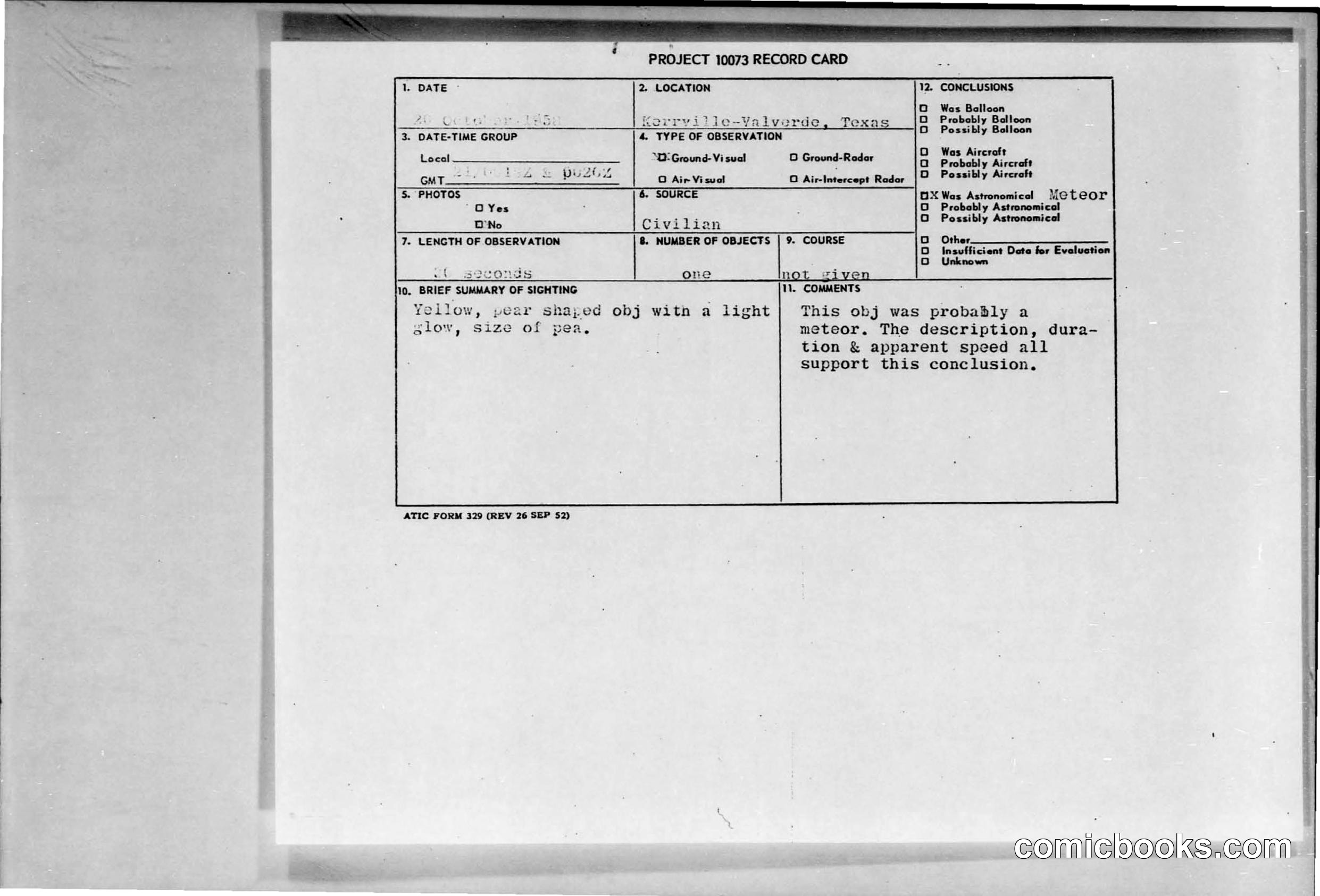 UFO Sighting Report, October 1958
