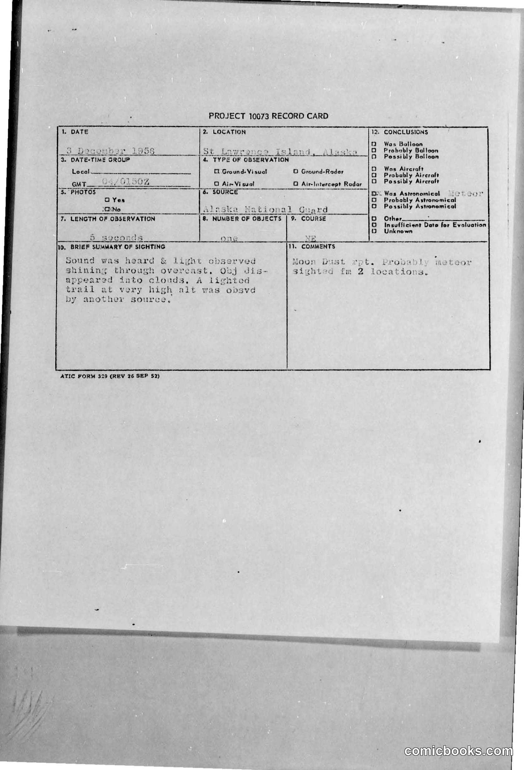 Project 10073 UFO Sighting Report