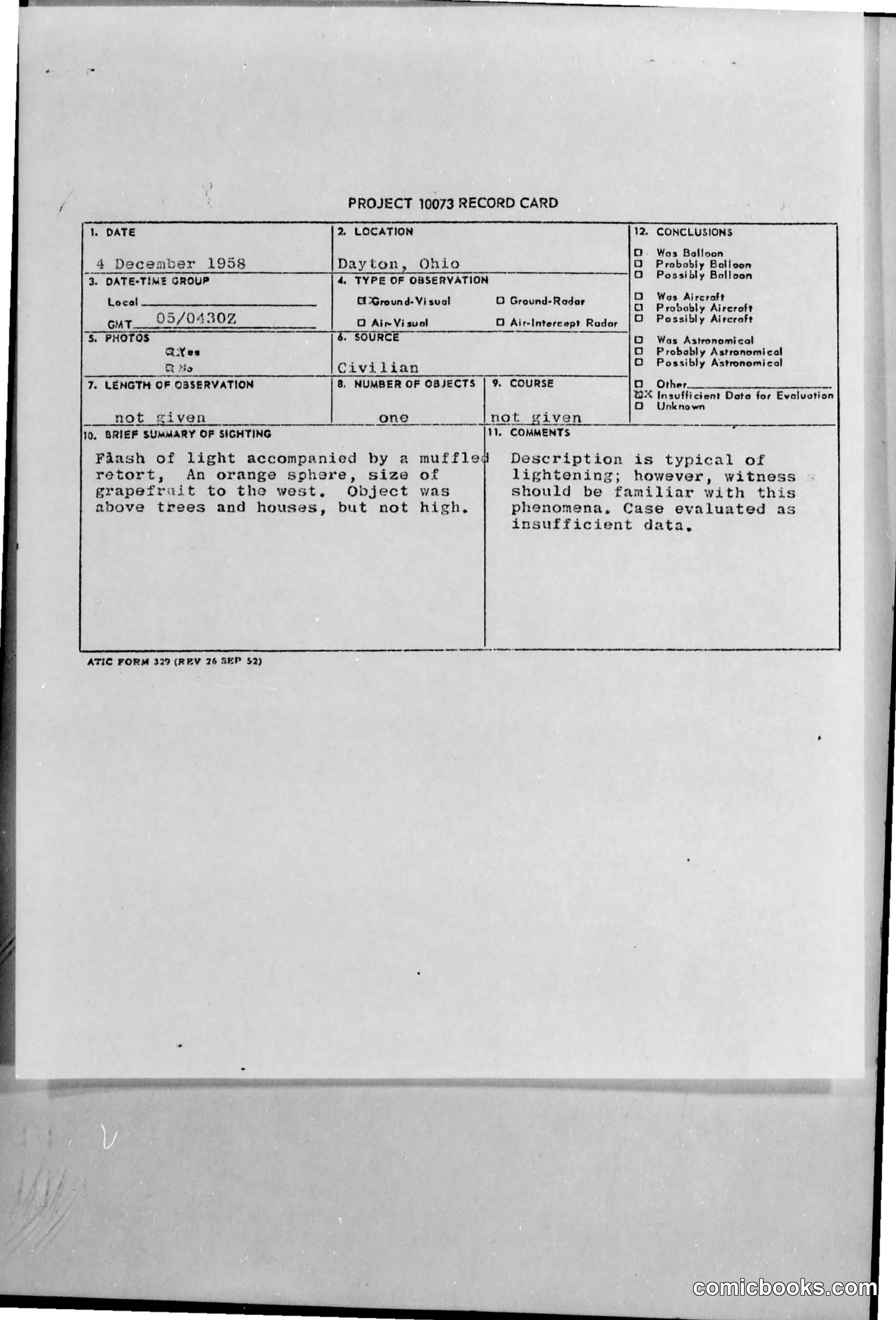 Project 10073 Record Card