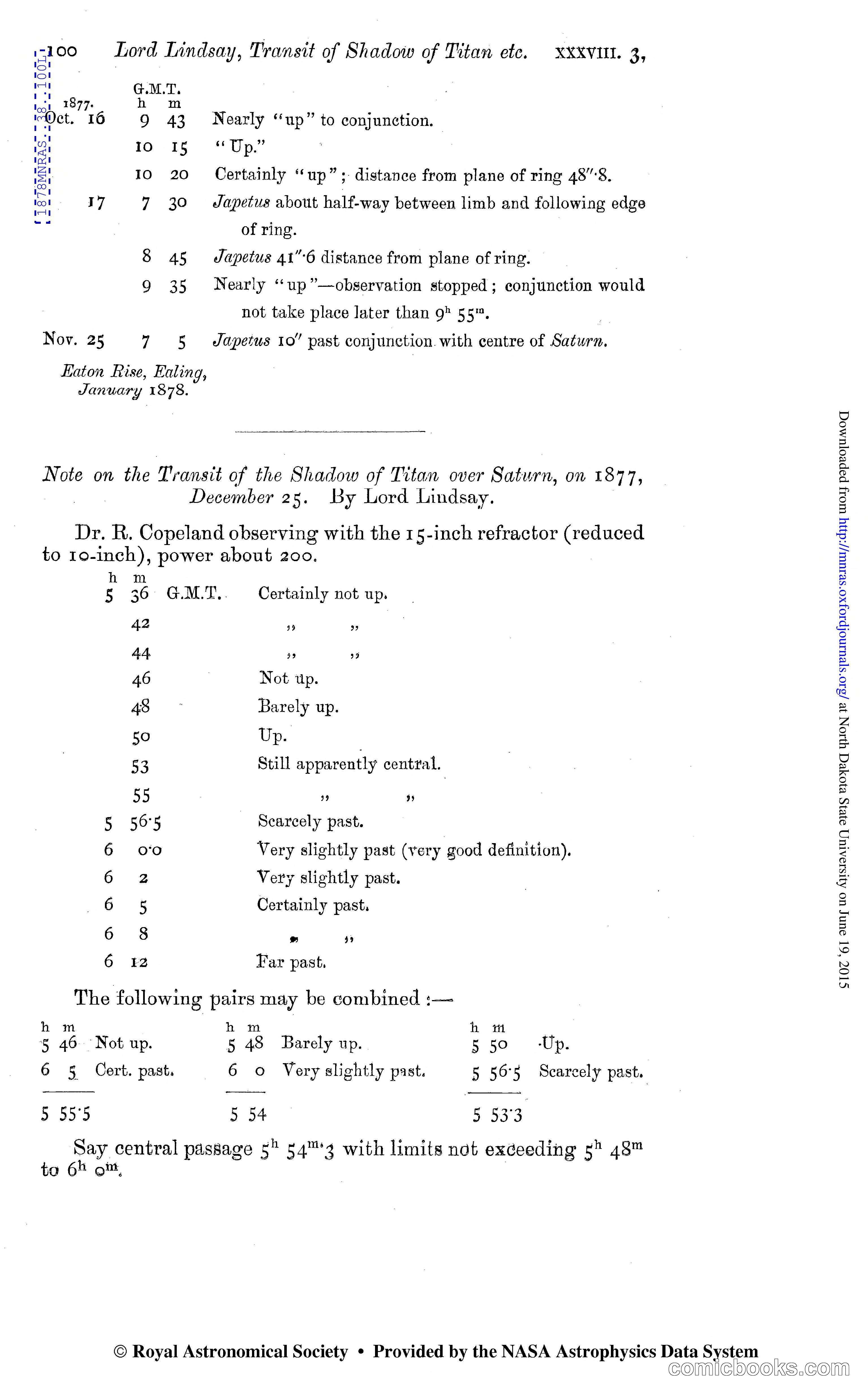 Note on the Transit of the Shadow of Titan over Saturn, 1877–78