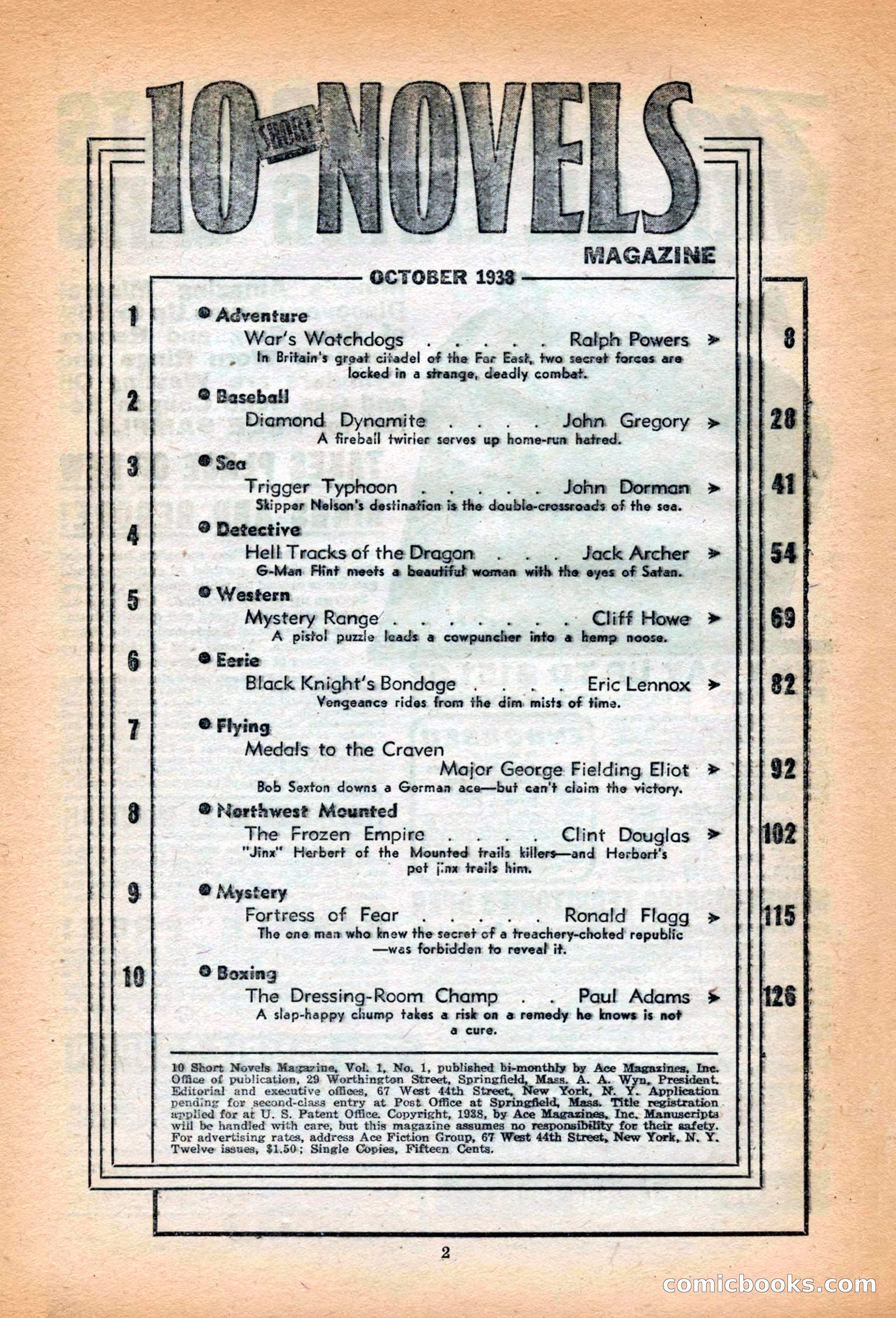 10 Short Novels Magazine — page 4: Pulp Fiction, 1938