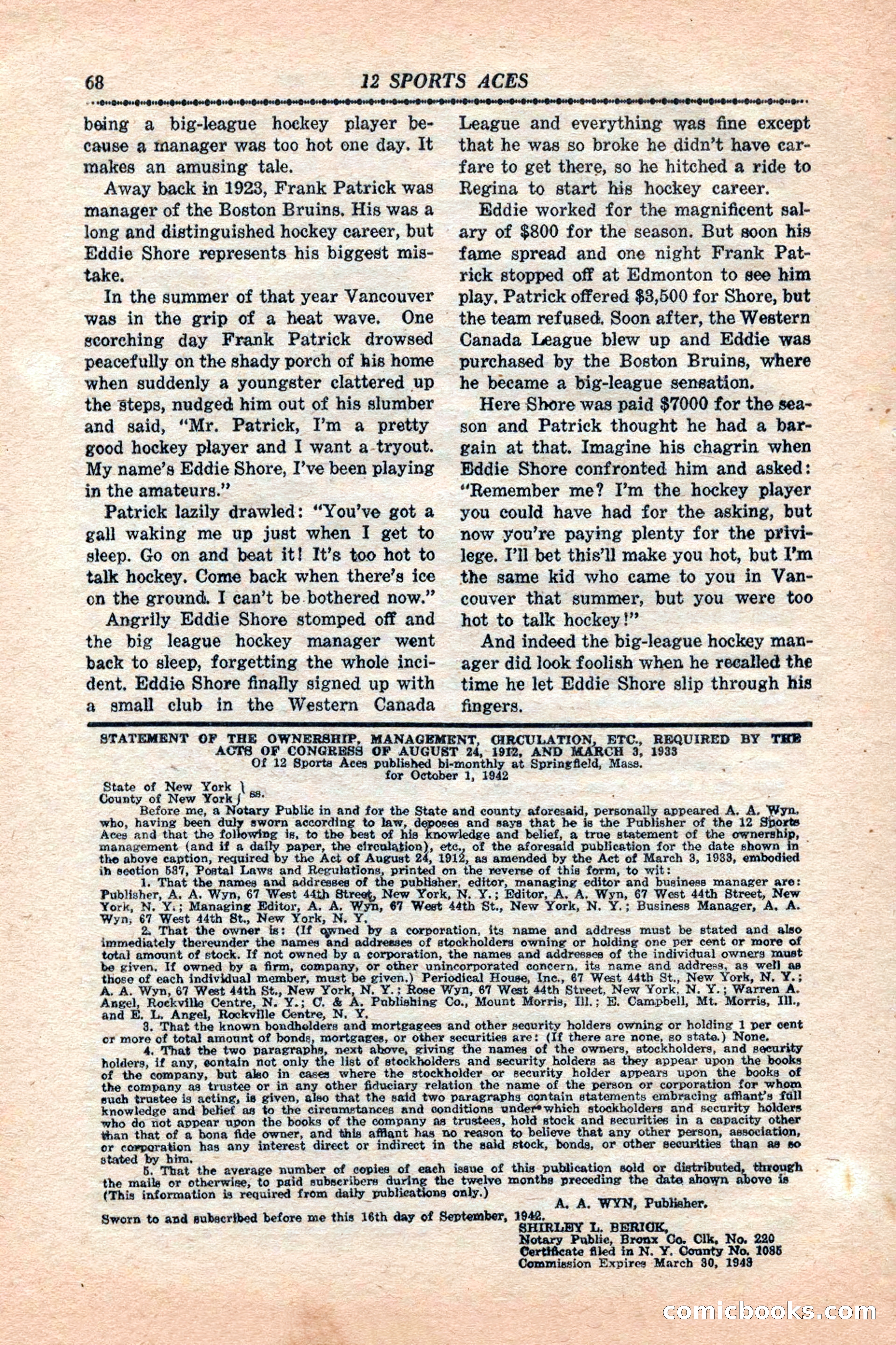 12 Sports Aces, January 1943 — page 70: Pulp Fiction, 1943