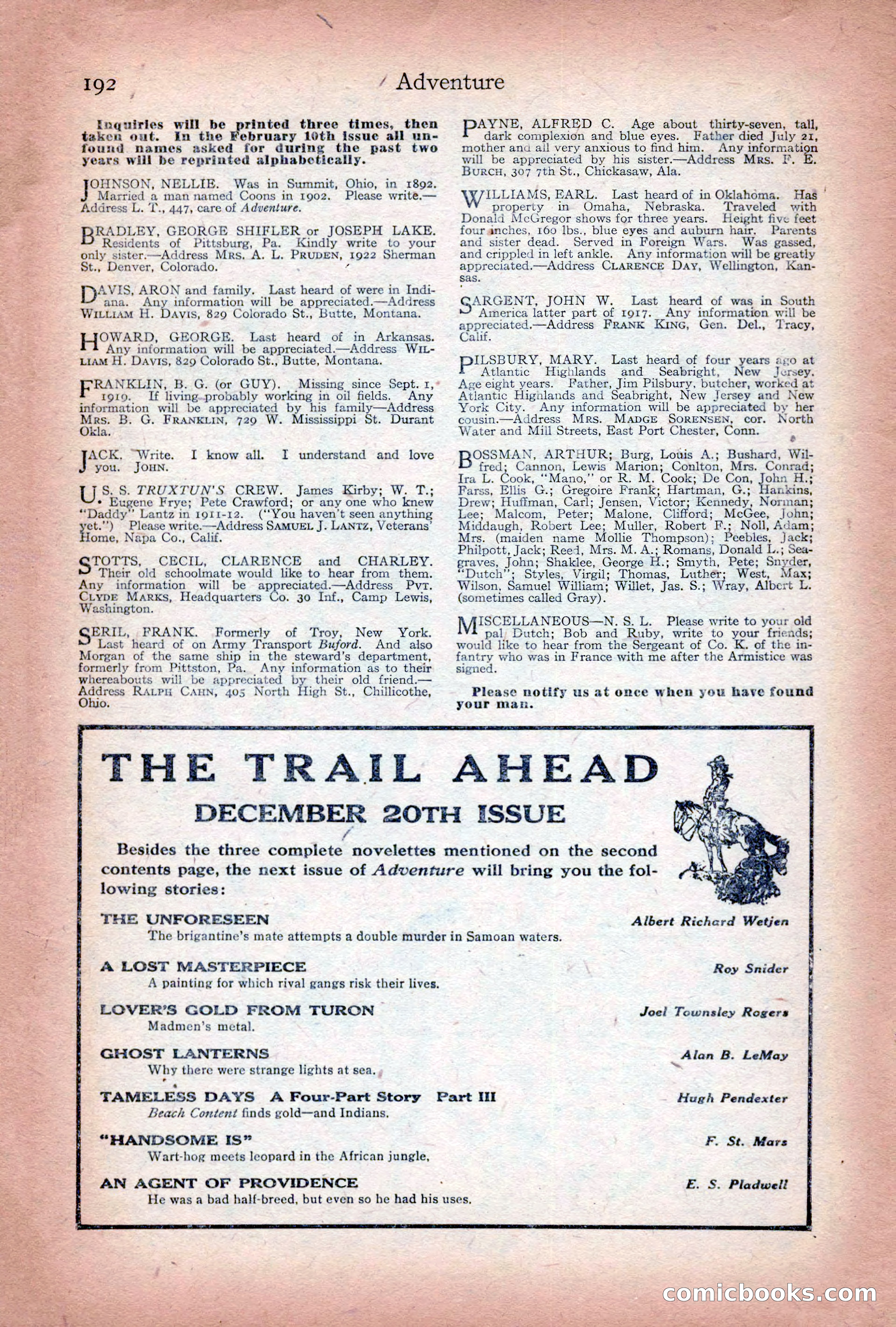 Adventure Magazine Cover, December 10, 1922 — page 198 of 200