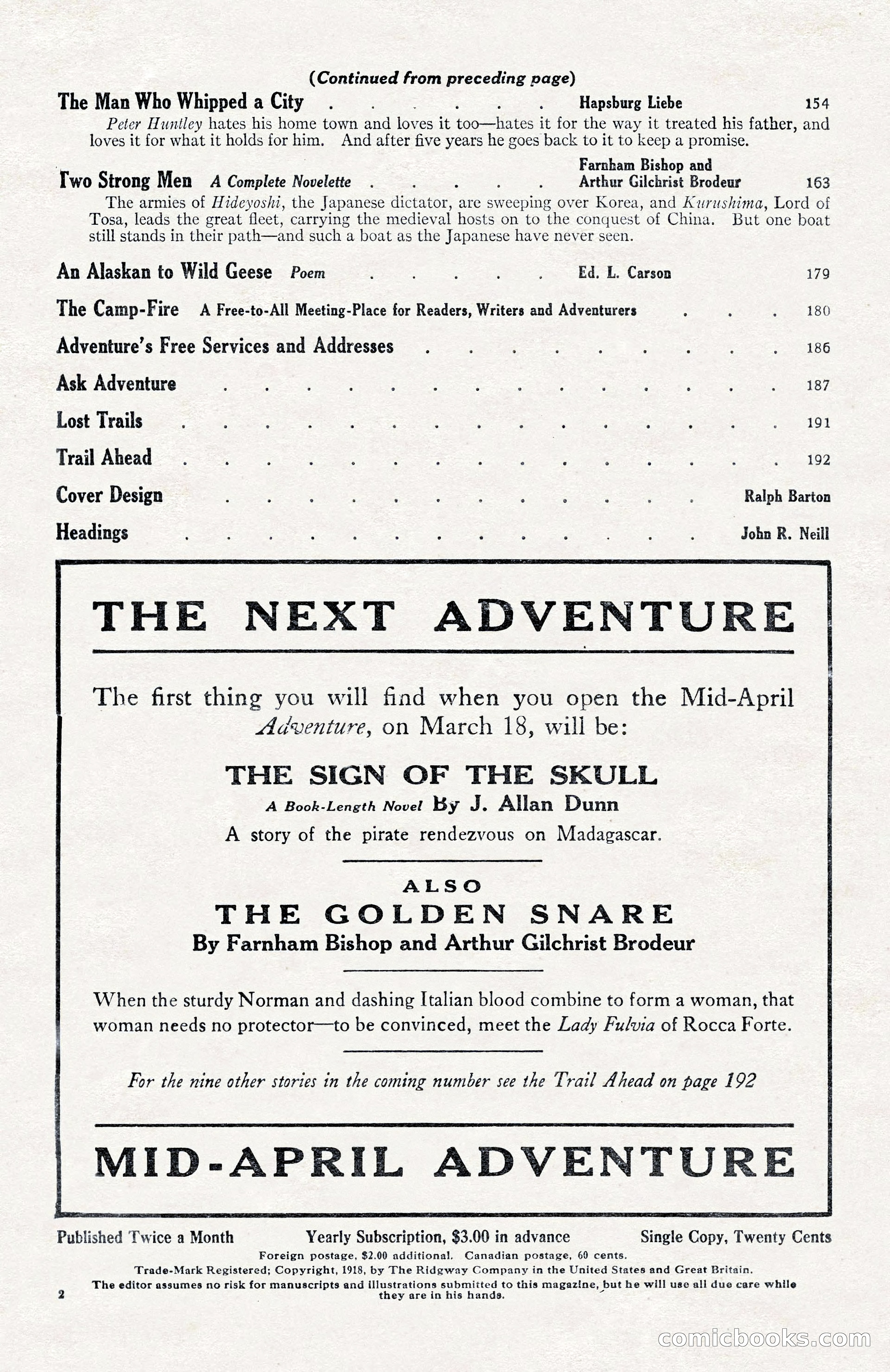 Adventure Magazine Cover, April 3, 1918 — page 4 of 194