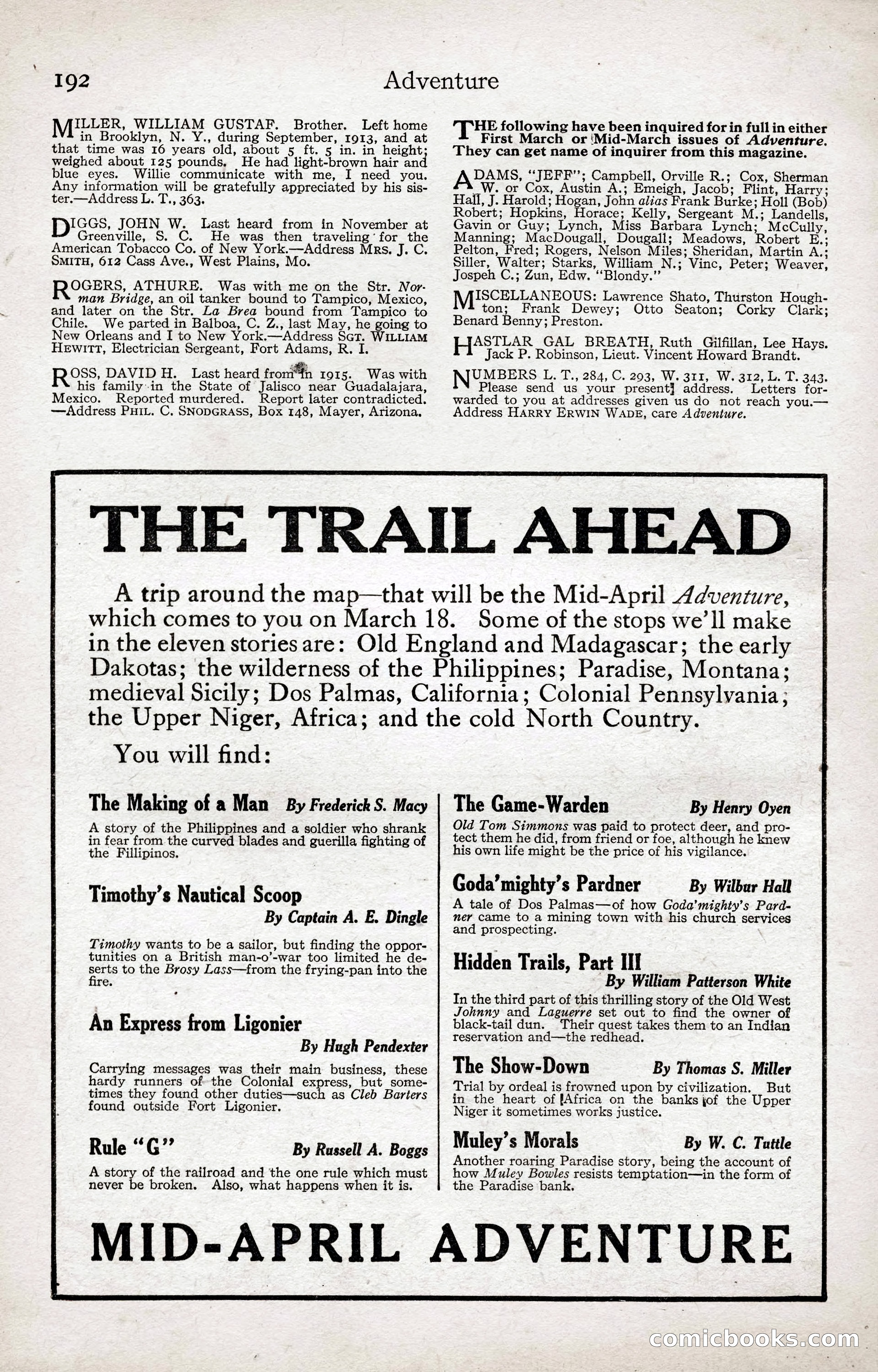 Adventure Magazine Cover, April 3, 1918 — page 194 of 194