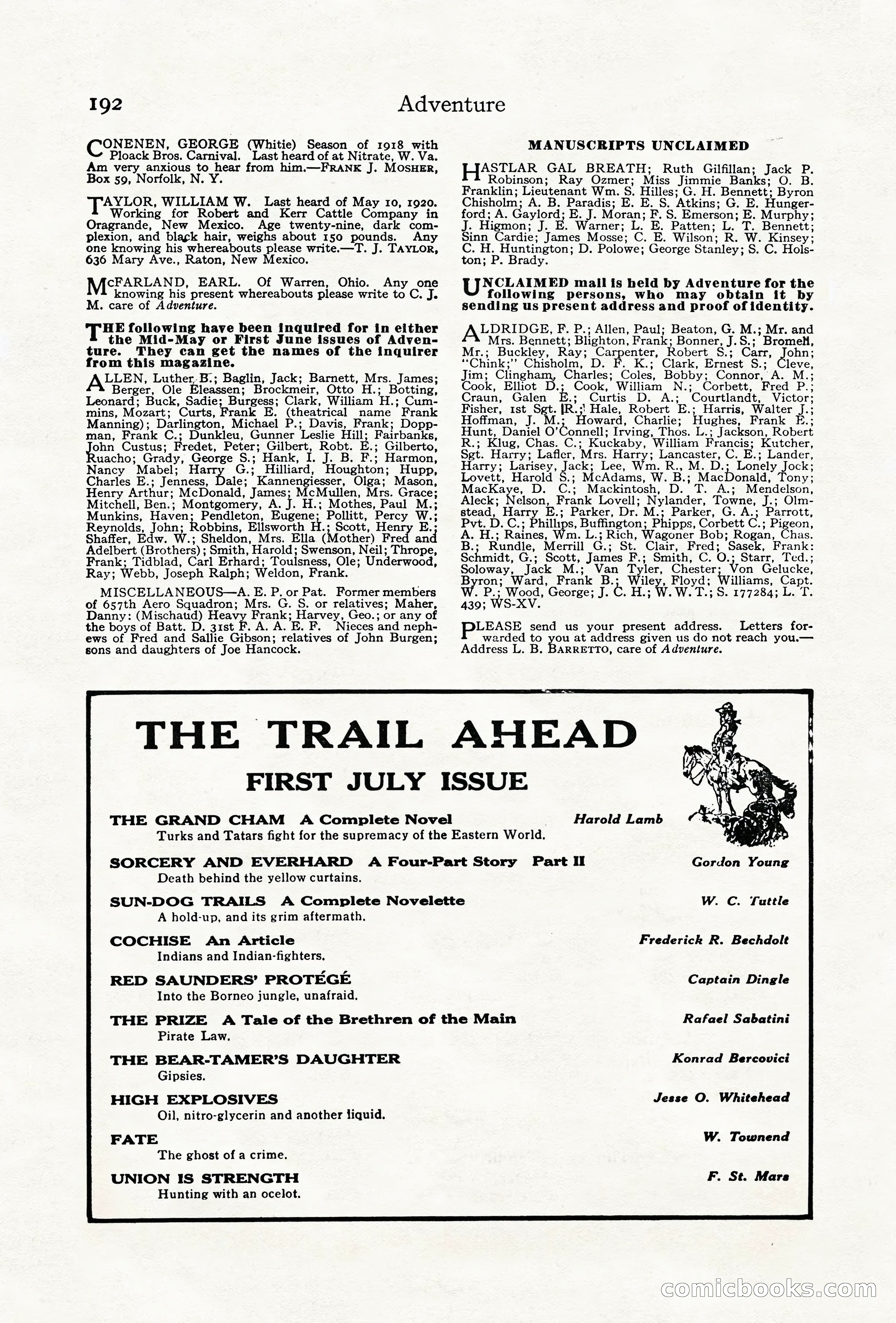Adventure Magazine Cover, June 18, 1921 — page 202 of 204