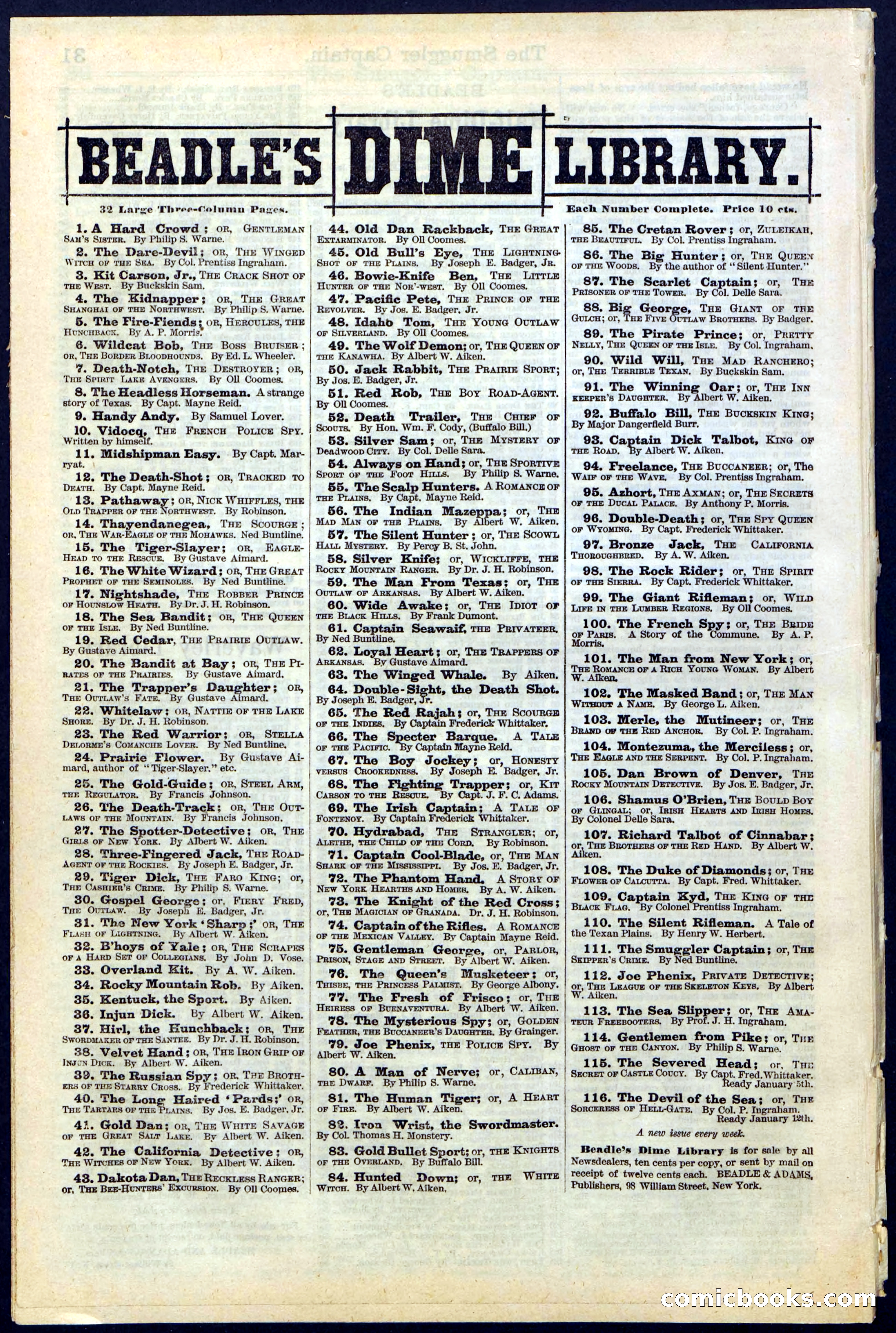 Beadle's Dime Library No. 111 — page 32 of 32
