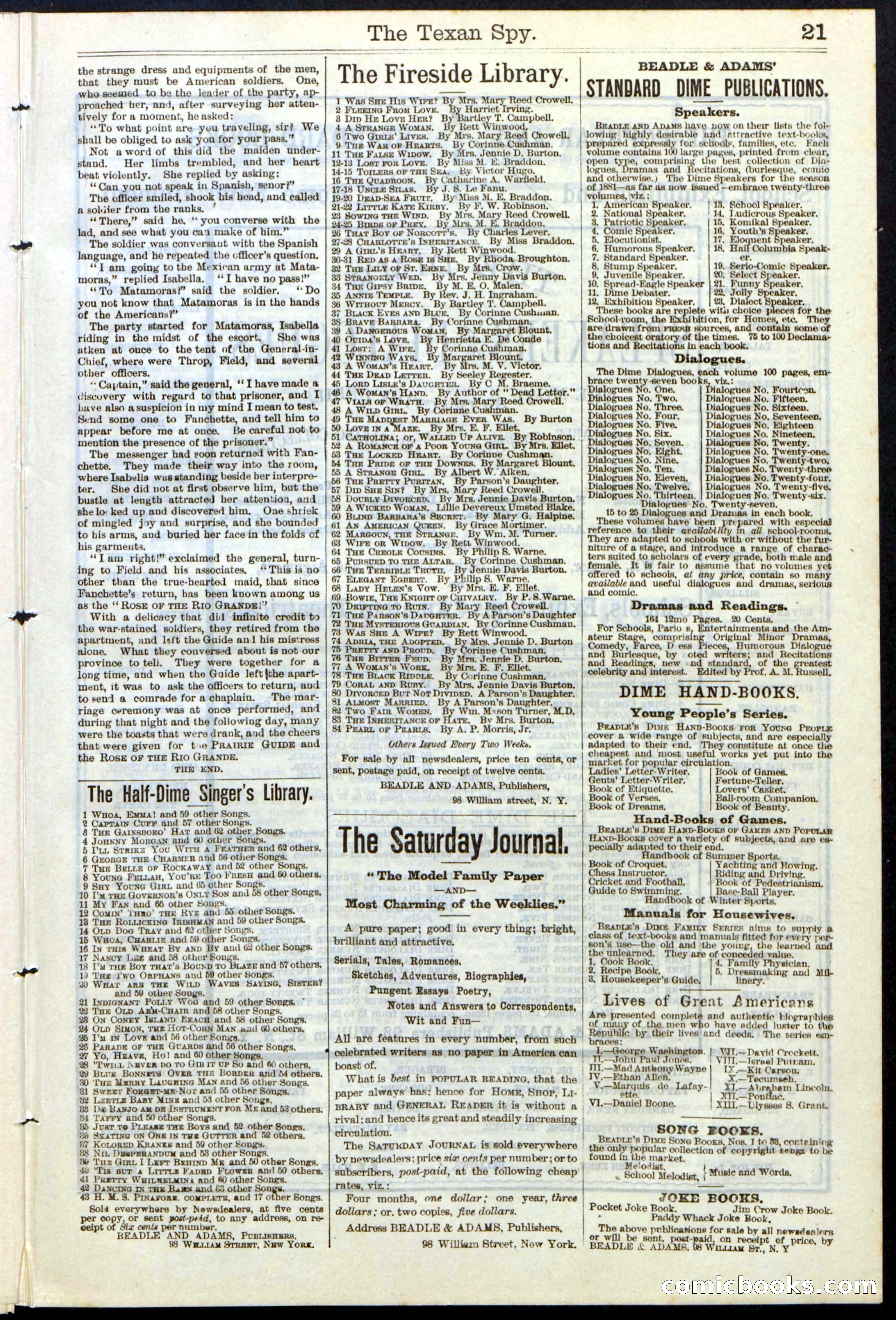Beadle's Dime Library No. 120: The Texan Spy — page 21 of 24