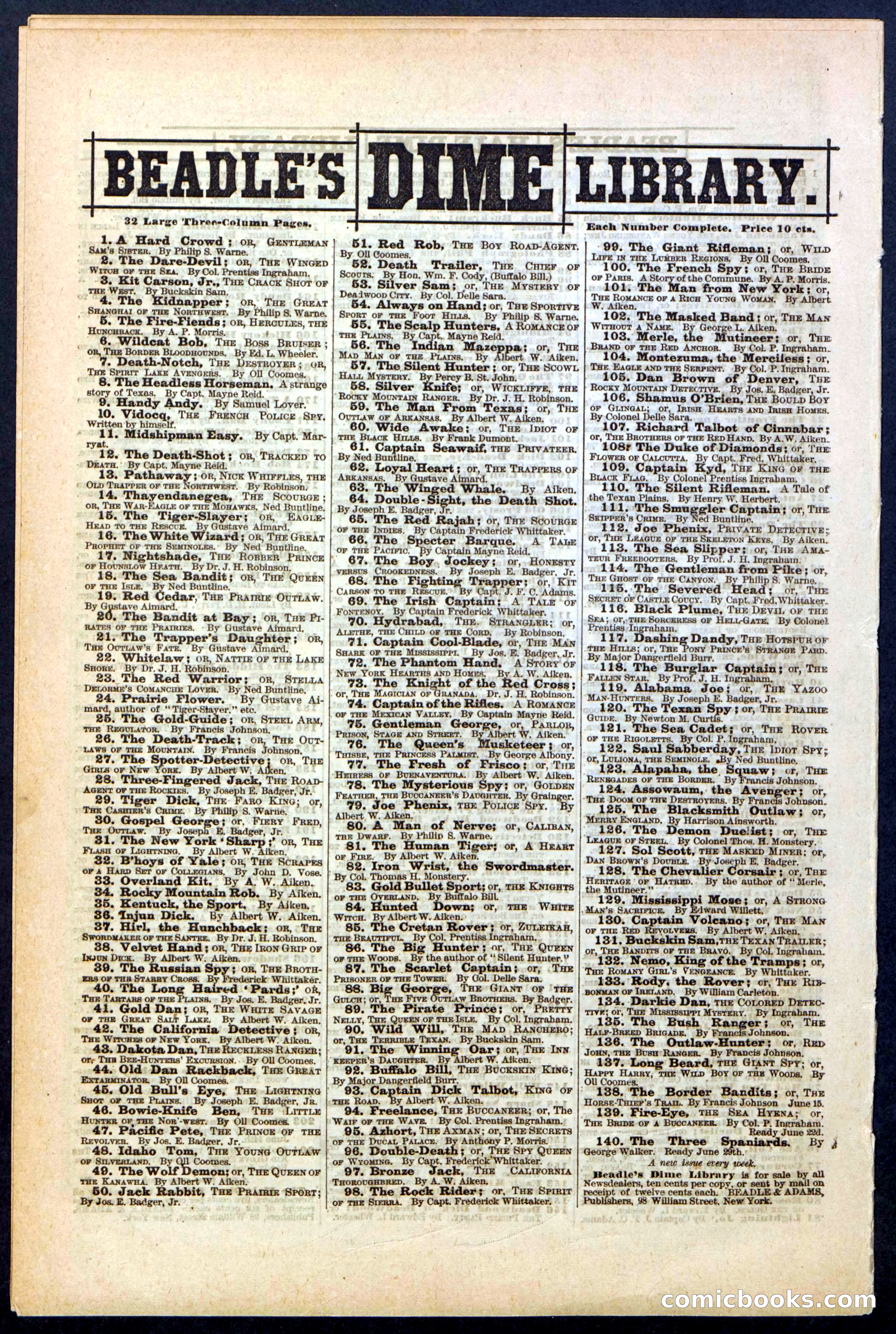 Beadle's New York Dime Library, No. 136 — page 32 of 32