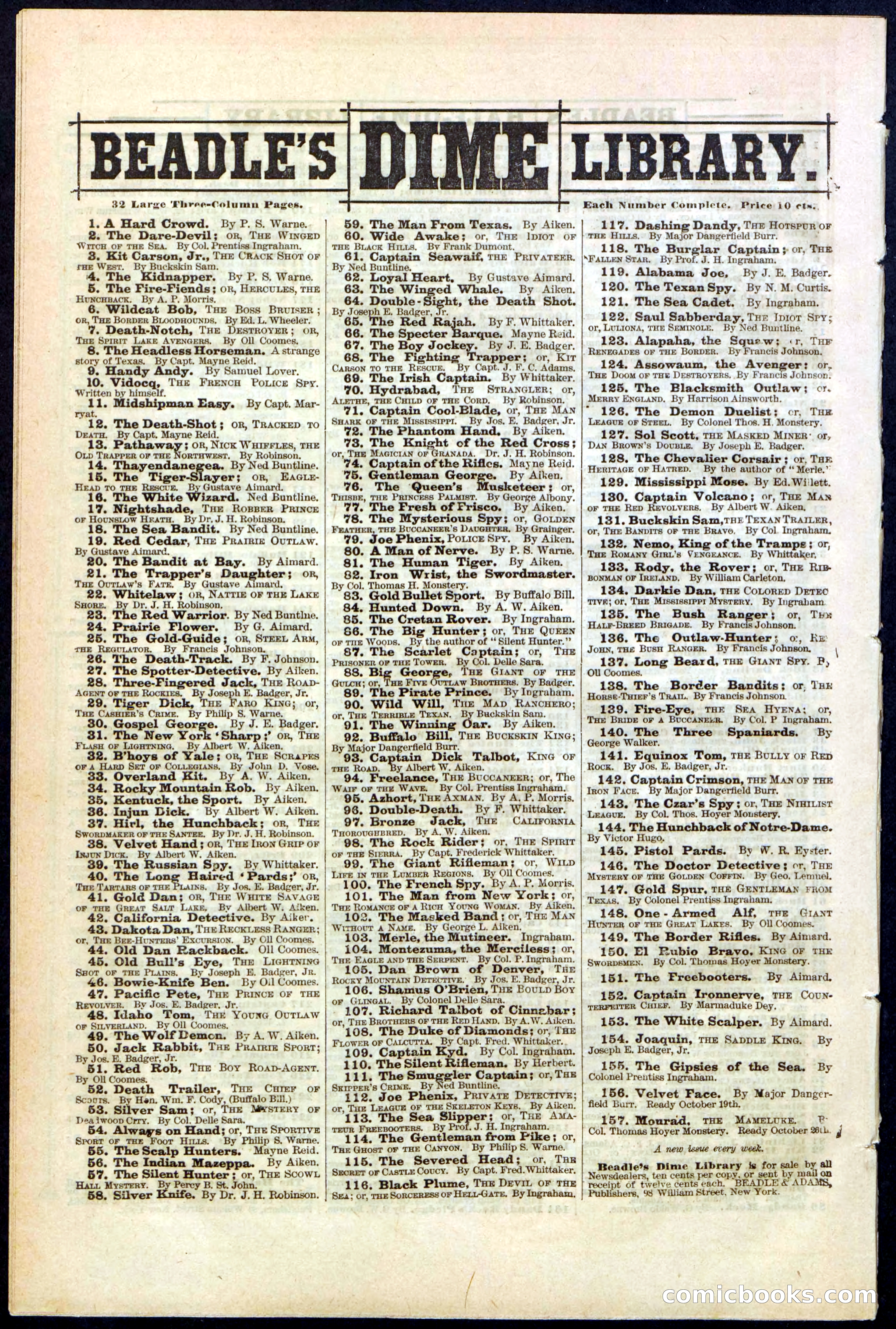 Beadle's New York Dime Library No. 154 — page 32 of 32