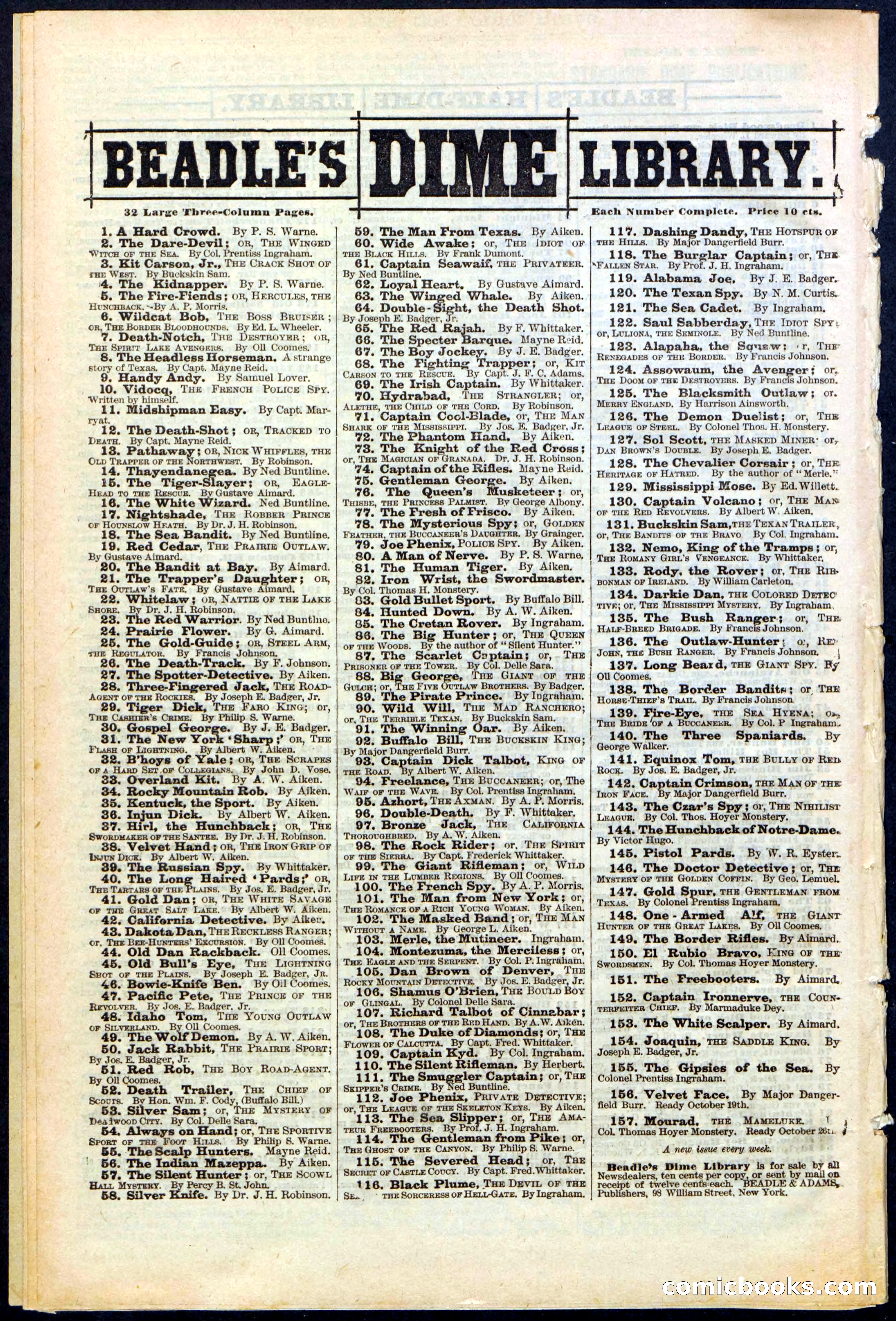 Beadle's New York Dime Library, No. 156 — page 24 of 24