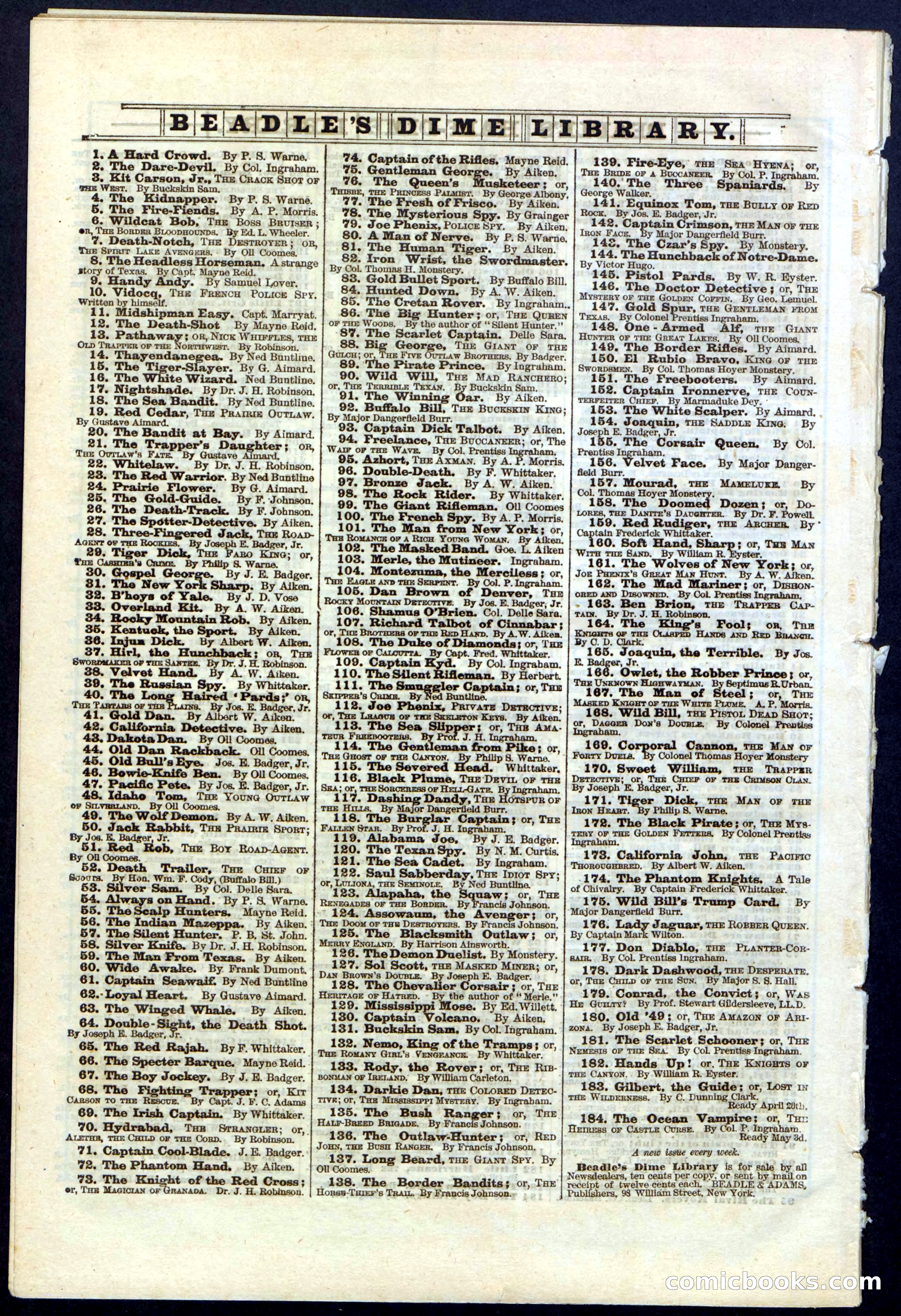 Beadle's New York Dime Library, No. 181 — page 32 of 32