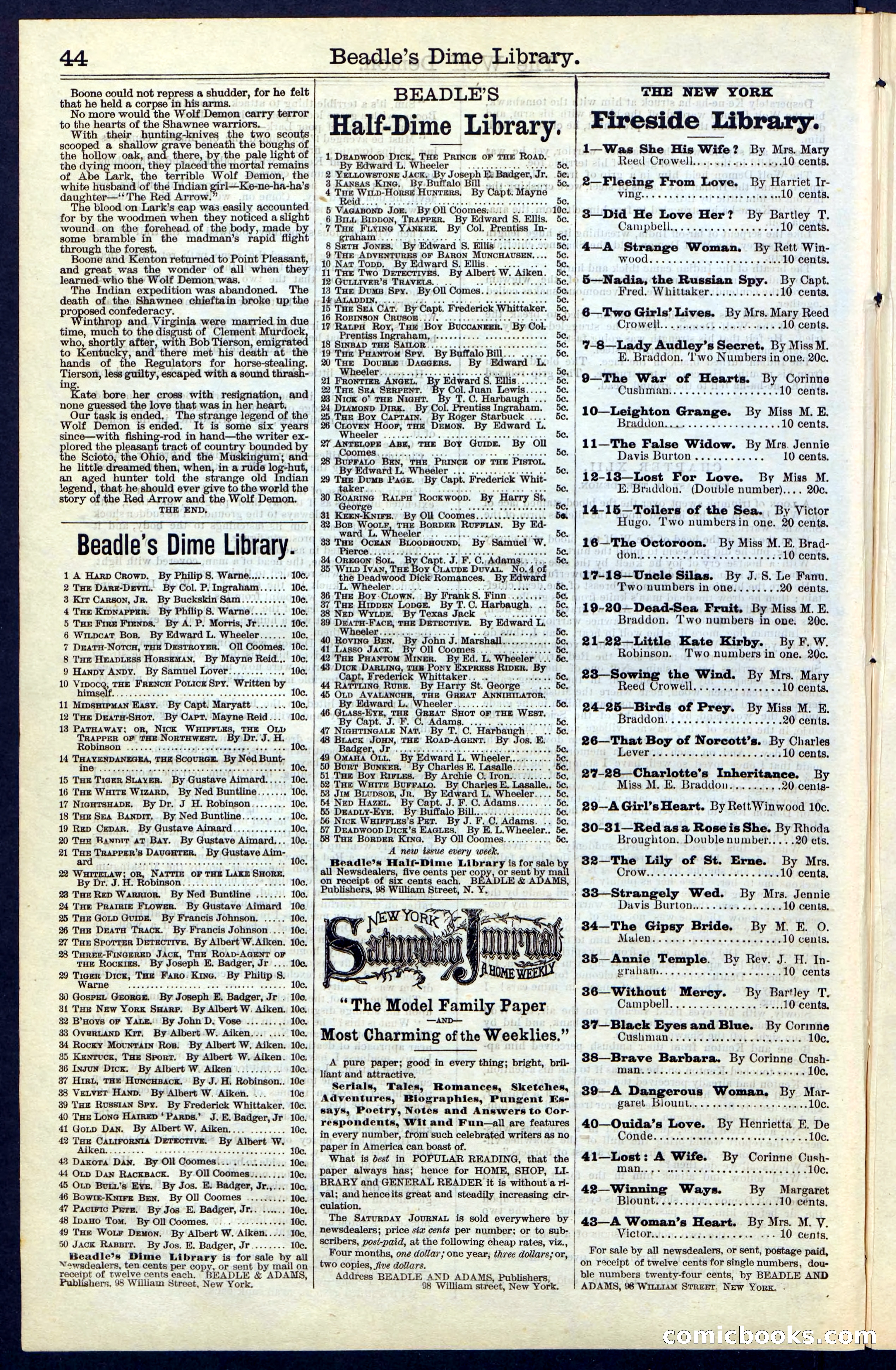 Beadle's New York Dime Library, No. 49 — page 44 of 48