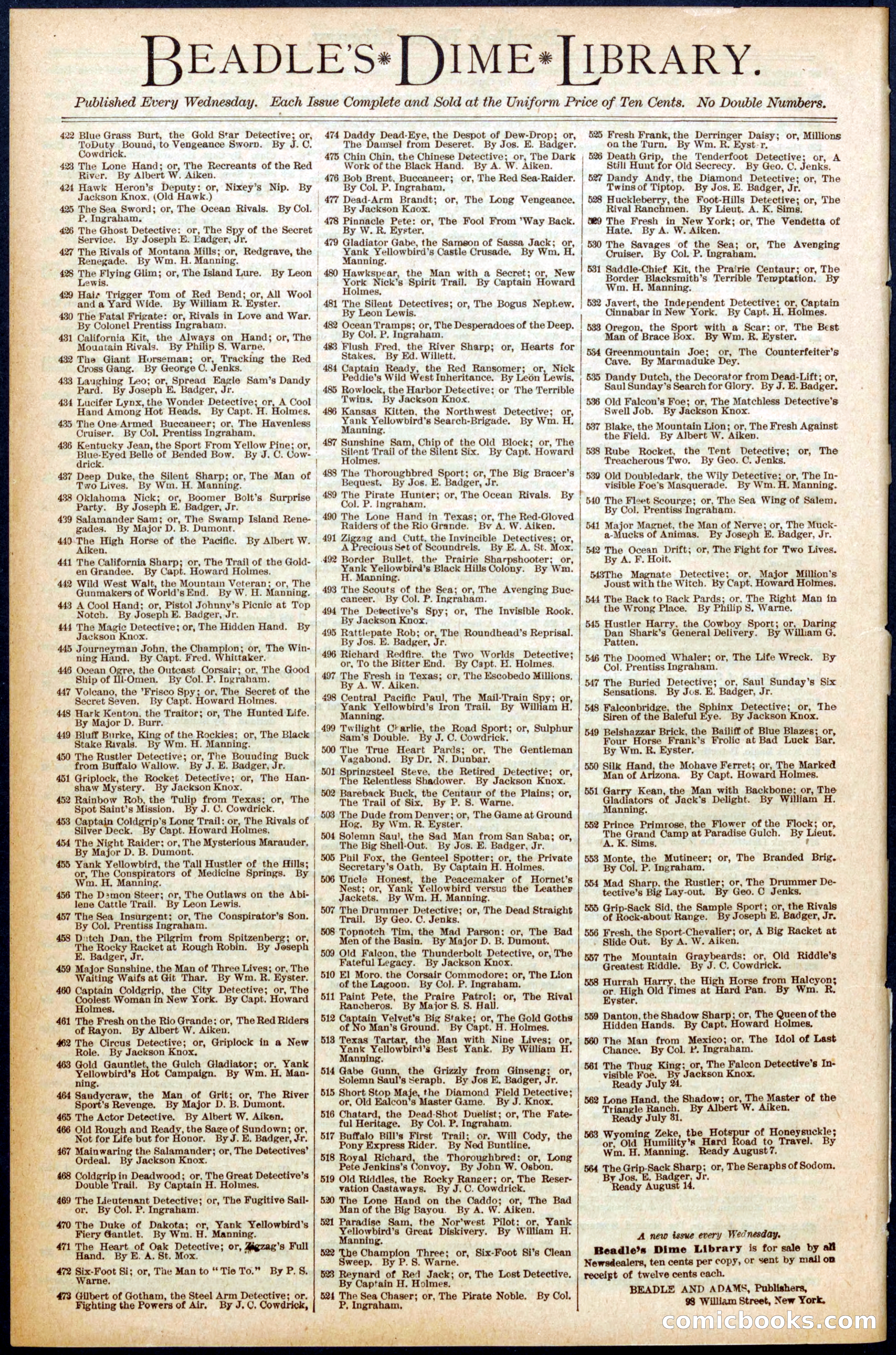 Beadle's New York Dime Library No. 560 — page 32 of 32