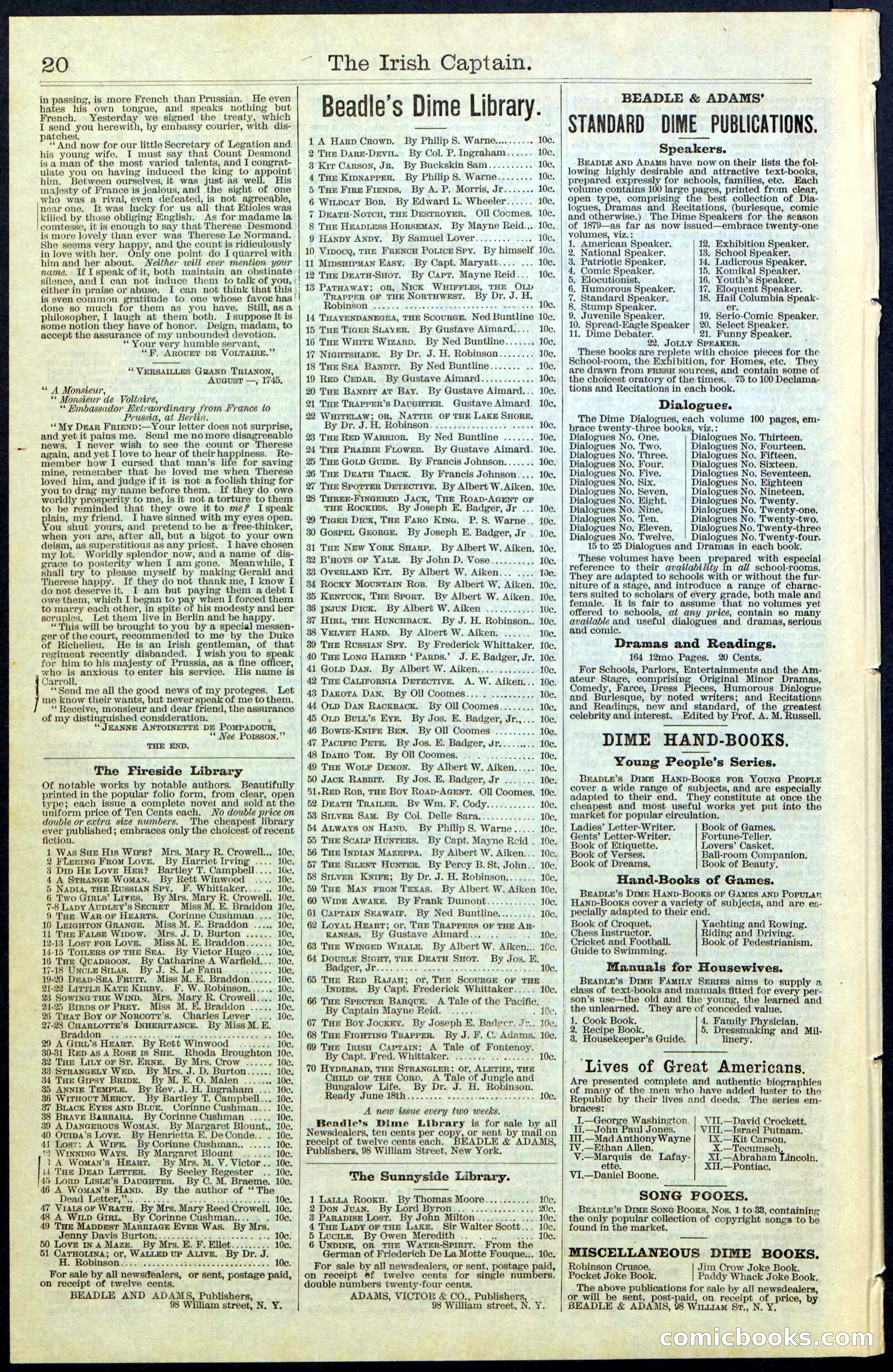 Beadle's New York Dime Library, No. 69 — page 20 of 20