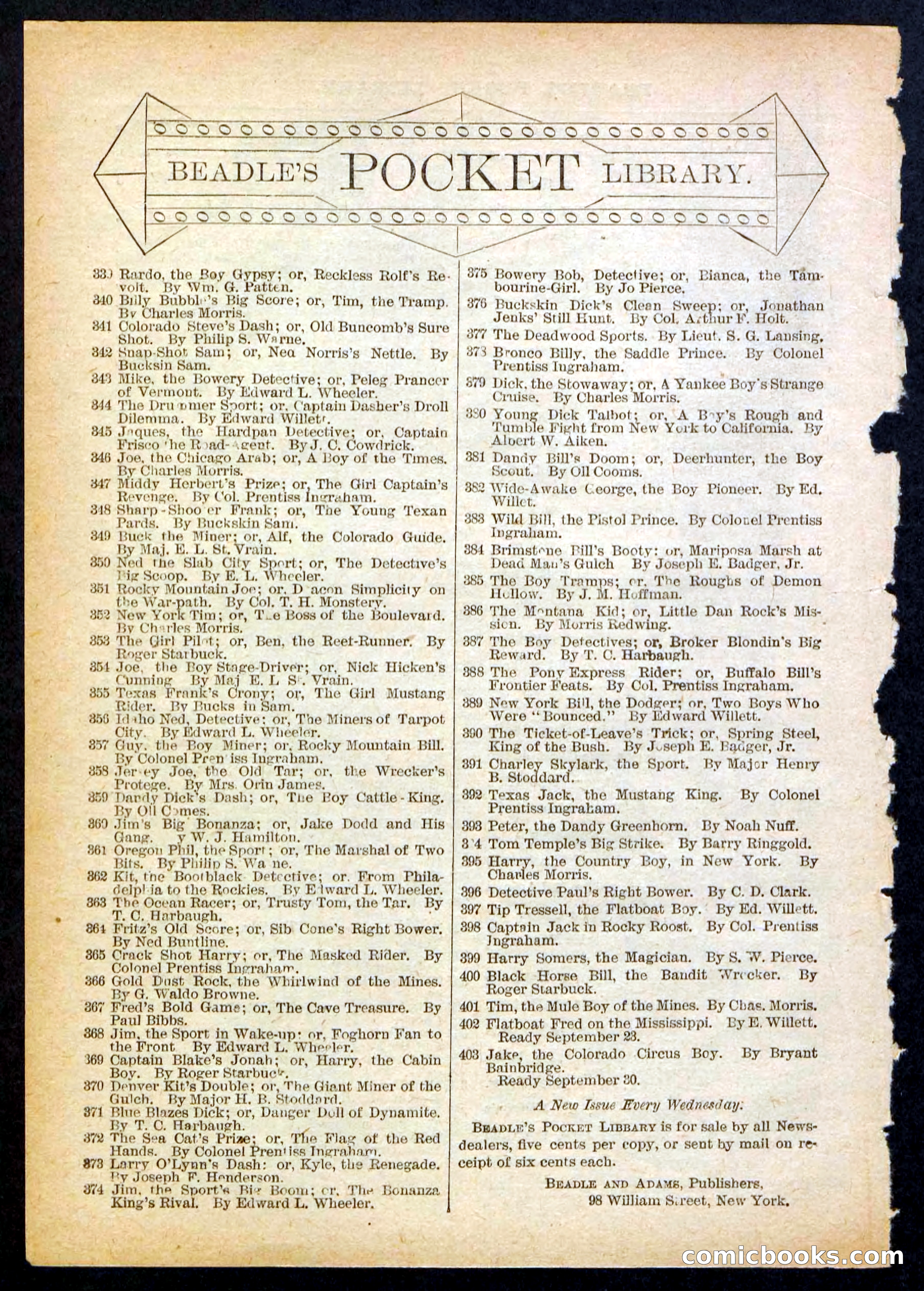 Beadle's Pocket Library No. 398 — page 32 of 32