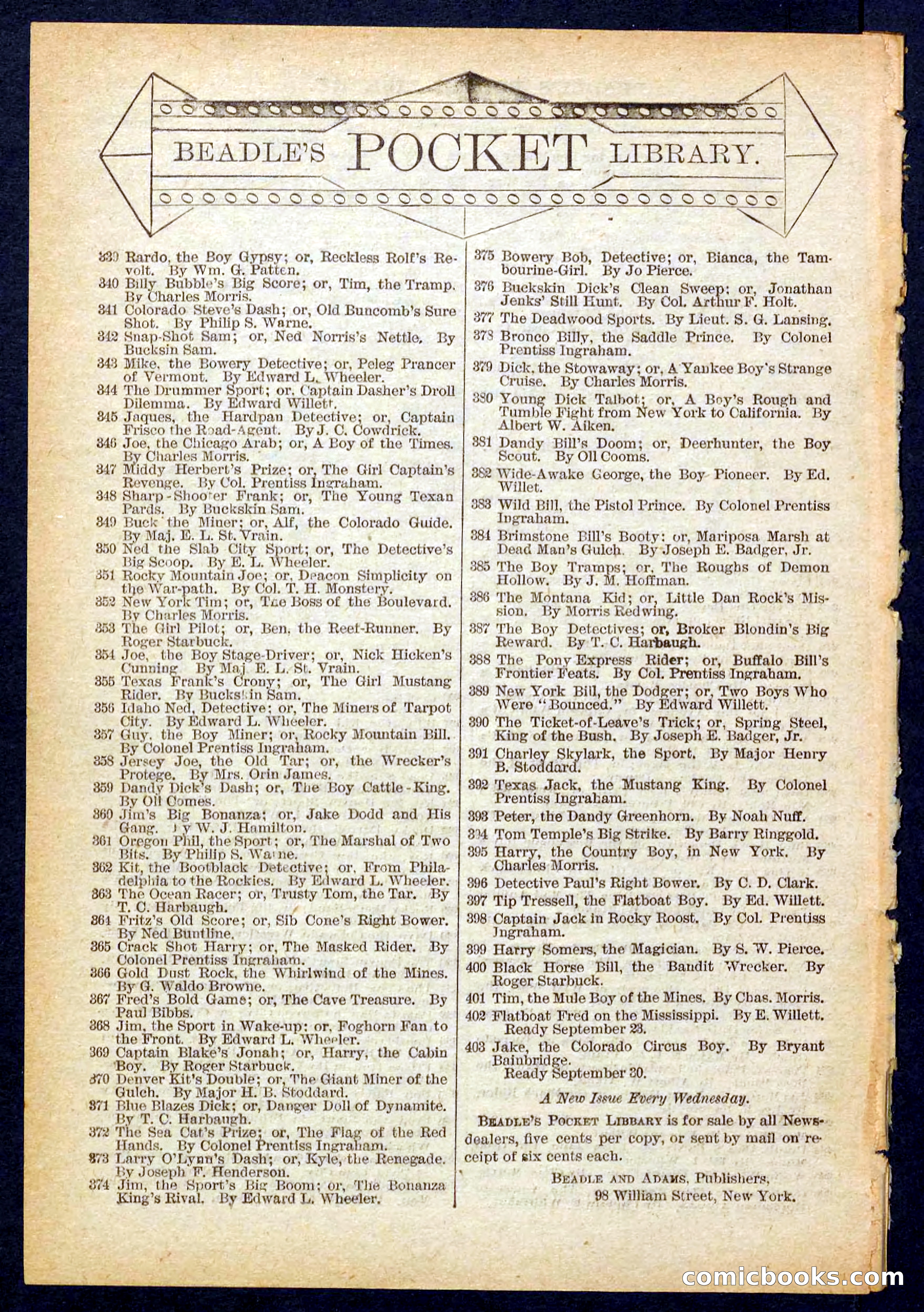 Beadle's Pocket Library No. 402 — page 32 of 32