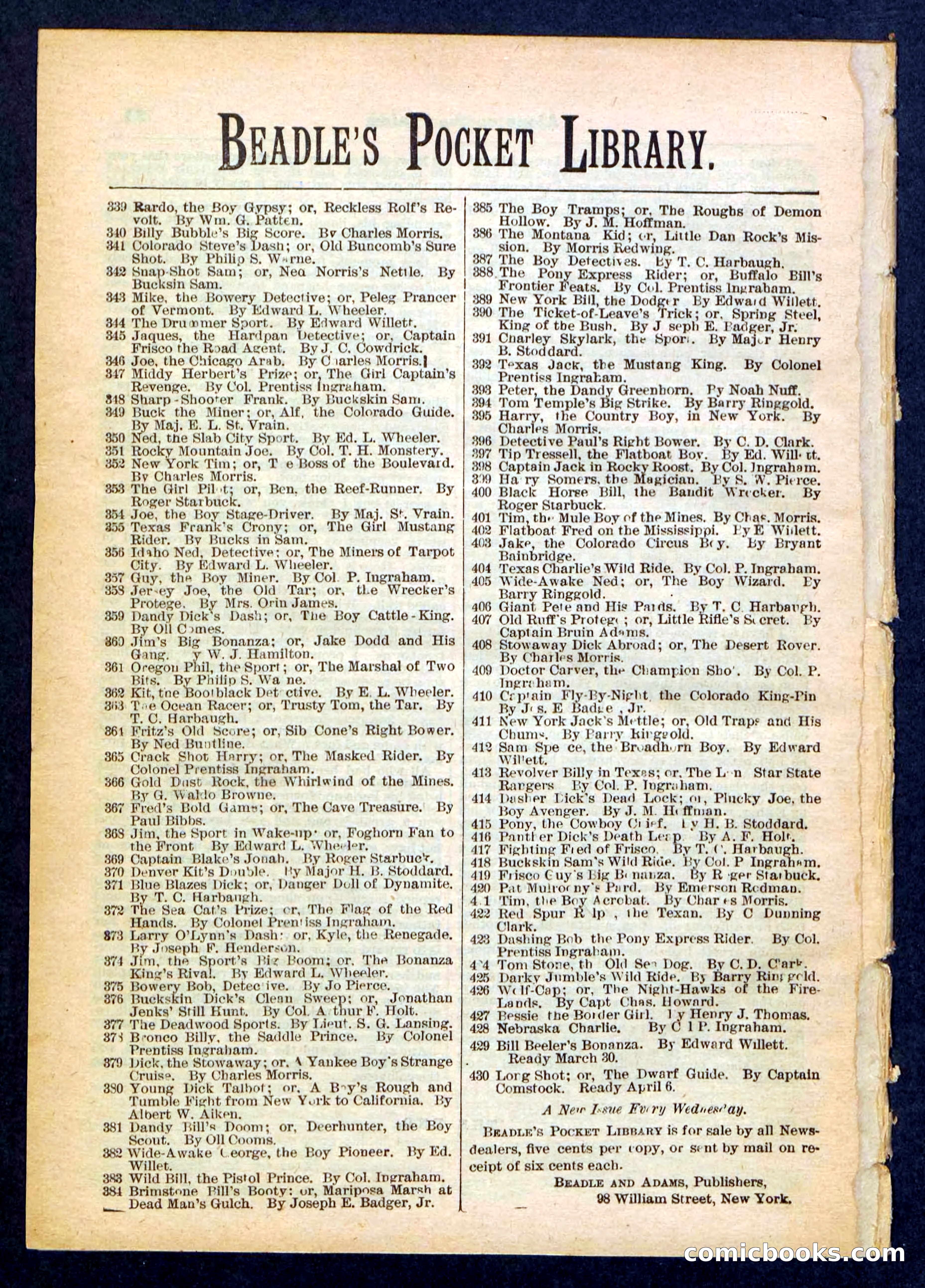 Beadle's Pocket Library No. 429 — page 32 of 32