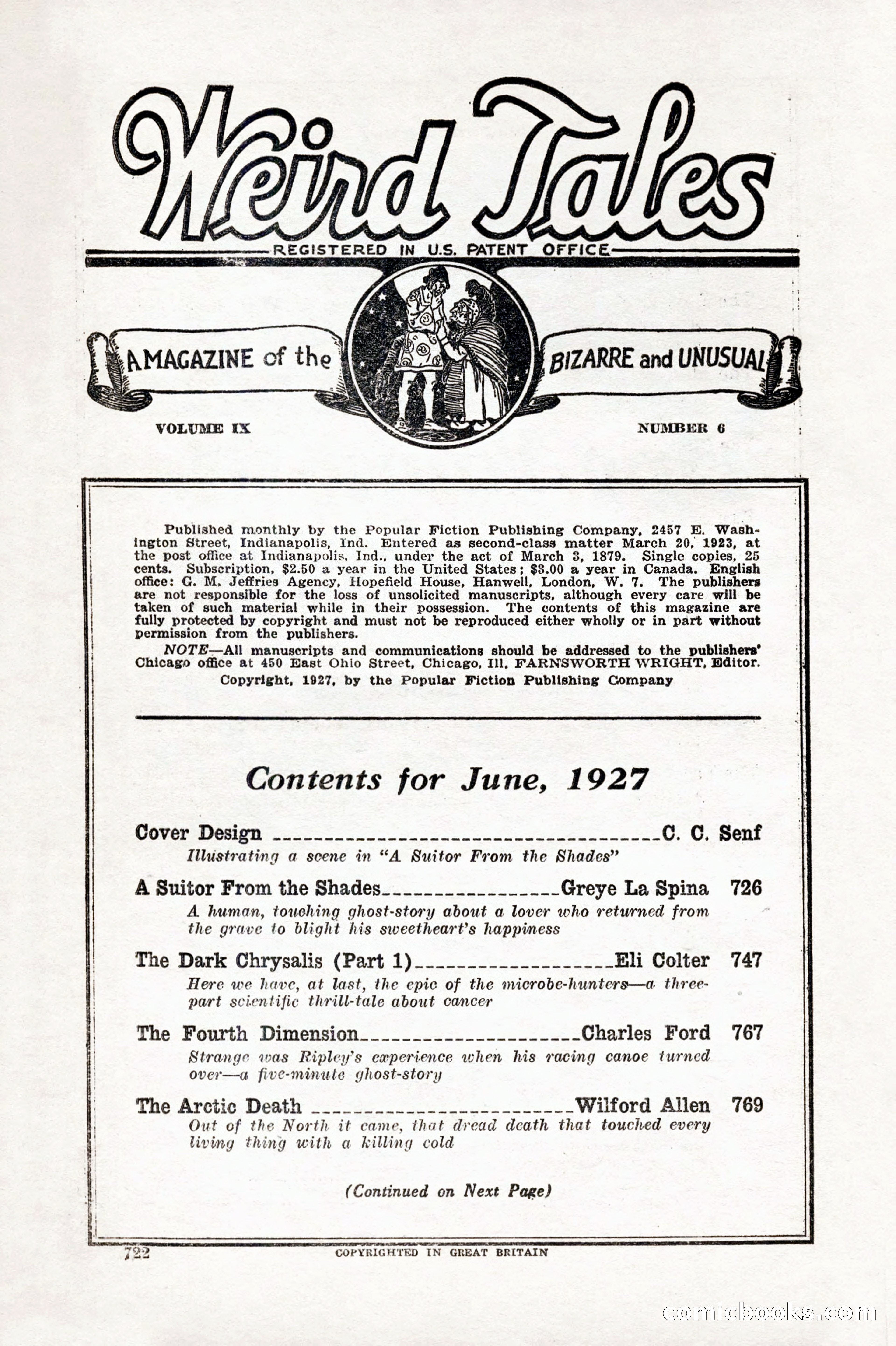 Weird Tales, Vol. IX No. 6 — page 4 of 148