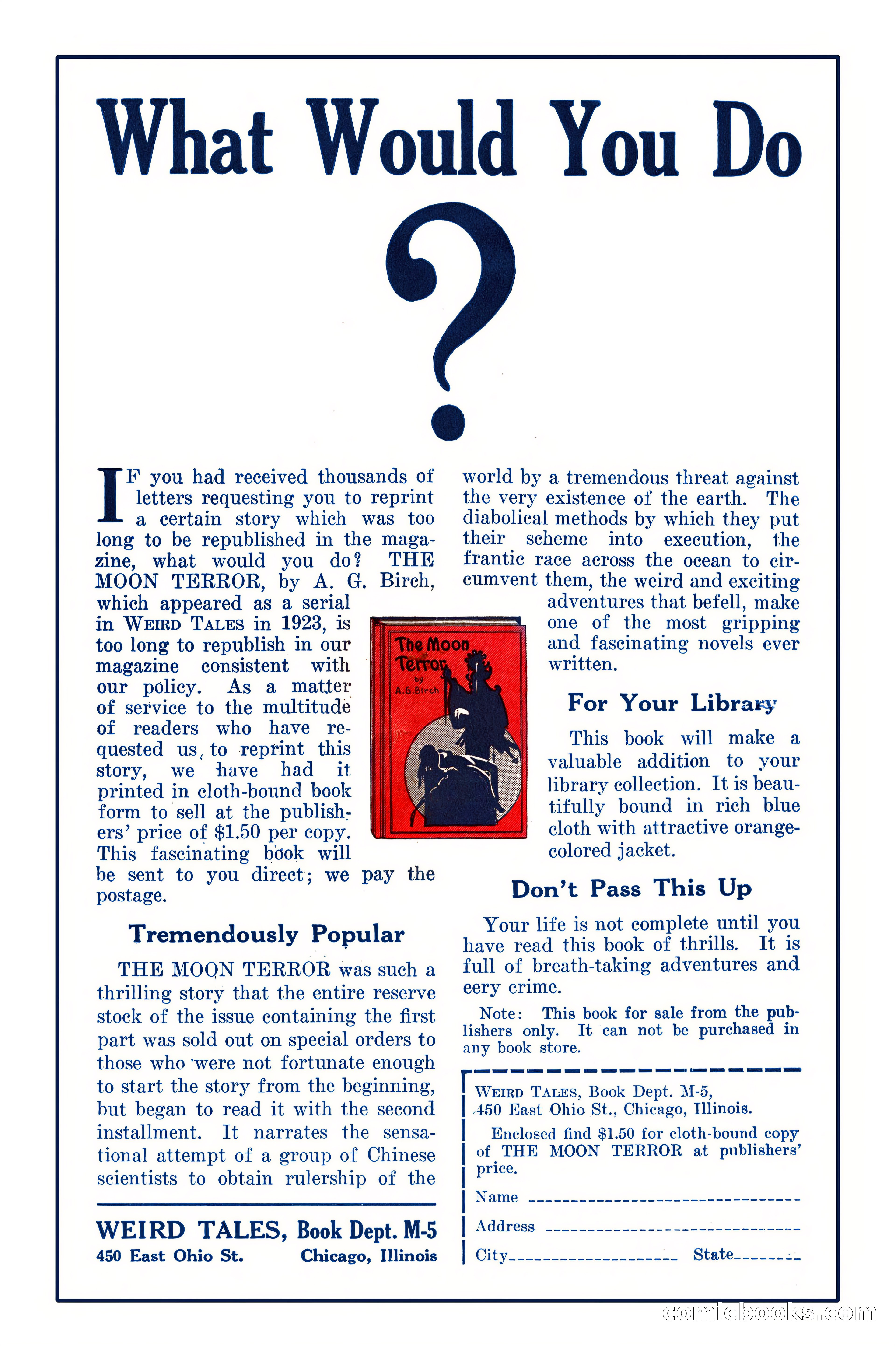 Weird Tales, Vol. 11, No. 6 — page 148 of 148