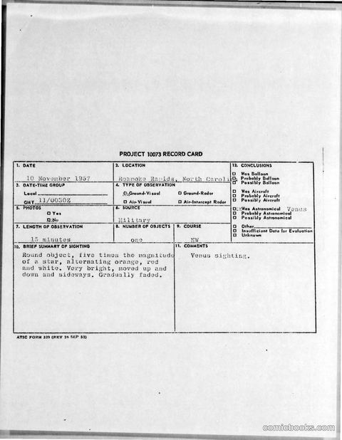 Project 1073 Record Card: Venus Sighting, November 10, 1957