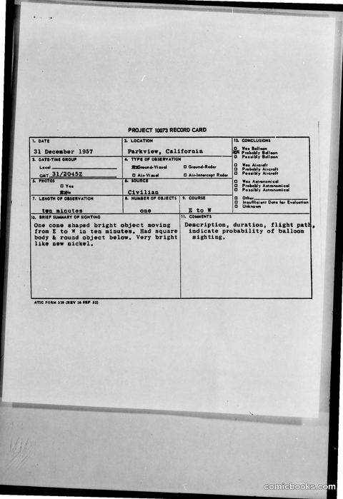 Project 1073 Record Card: UFO Sighting Report