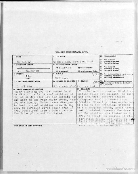 Project 10073 Record Card: Gander AFB Sighting