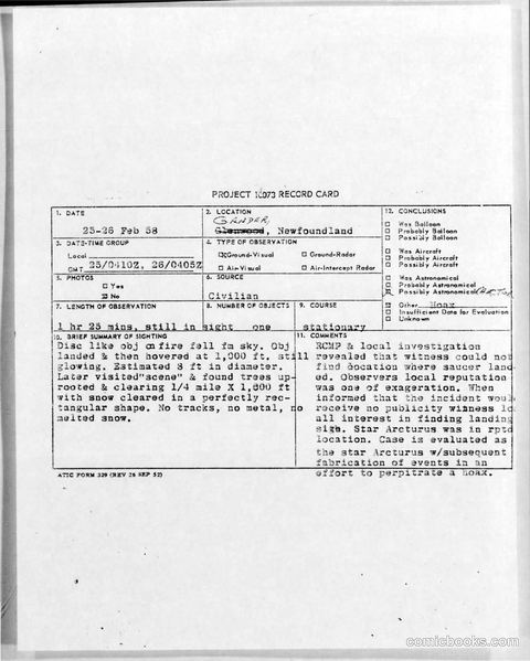 PROJECT 1073 Record Card: UFO Sighting Report, Gander, Newfoundland